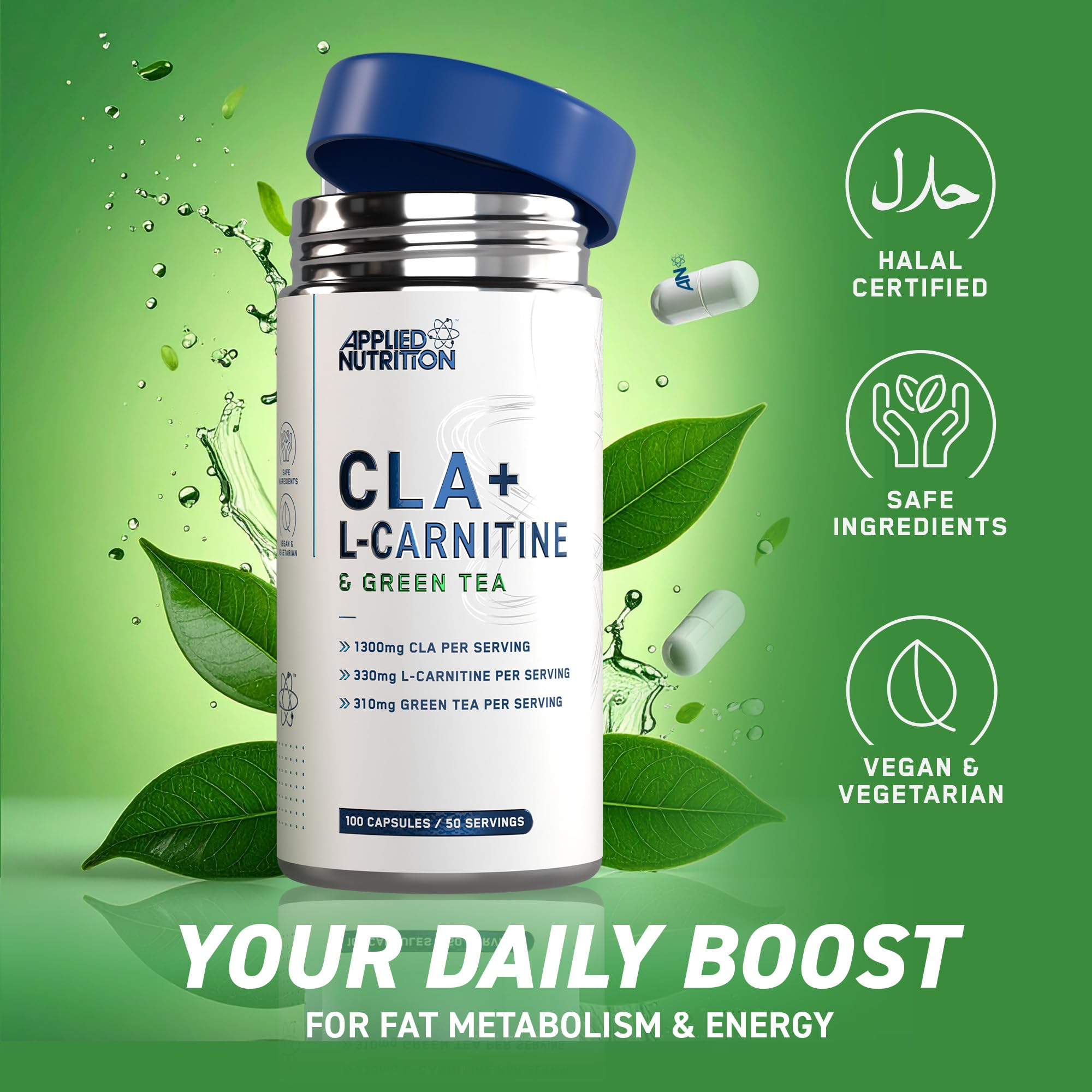White plastic bottle with blue lid of Applied Nutrition CLA L-Carnitine Green Tea for body composition