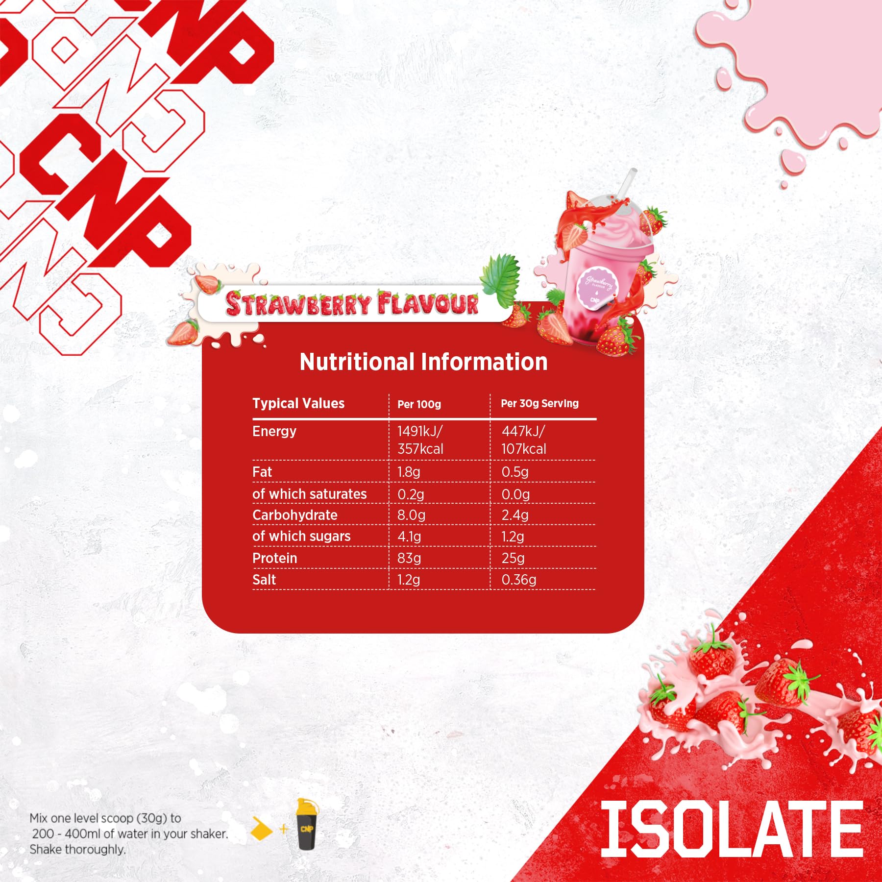 Strawberry-flavored CNP Isolate whey protein with essential amino acids info