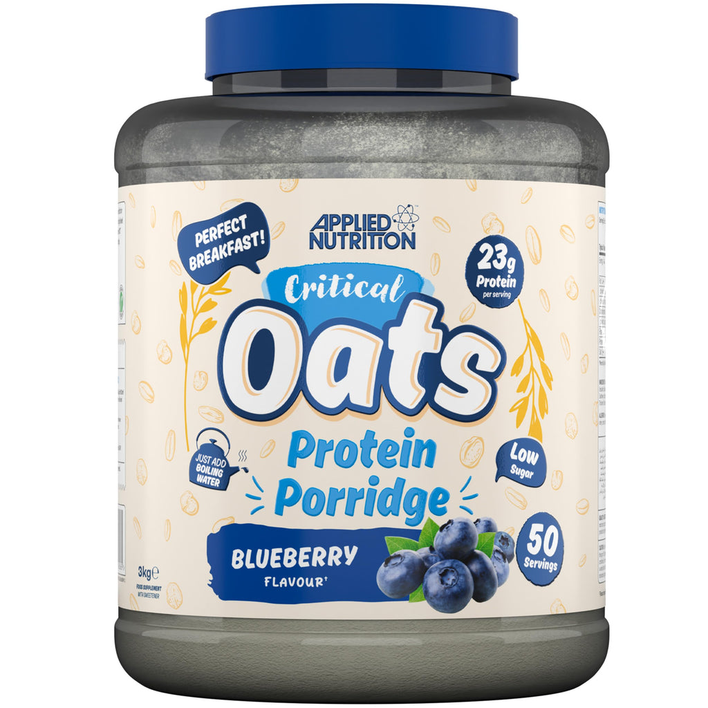 Blueberry-flavored protein porridge with organic oats and whey protein from Applied Nutrition Critical