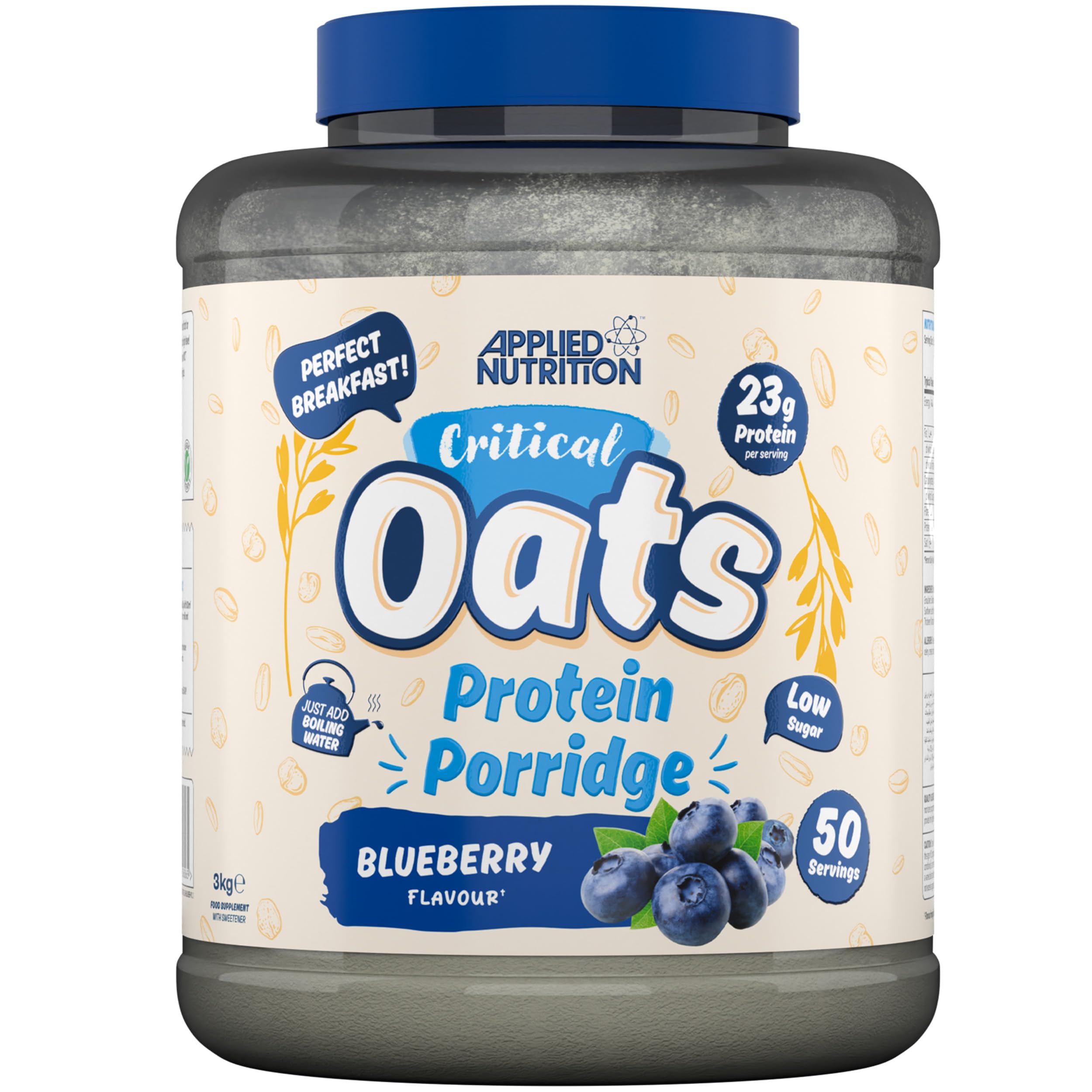 Blueberry-flavored protein porridge with organic oats and whey protein from Applied Nutrition Critical