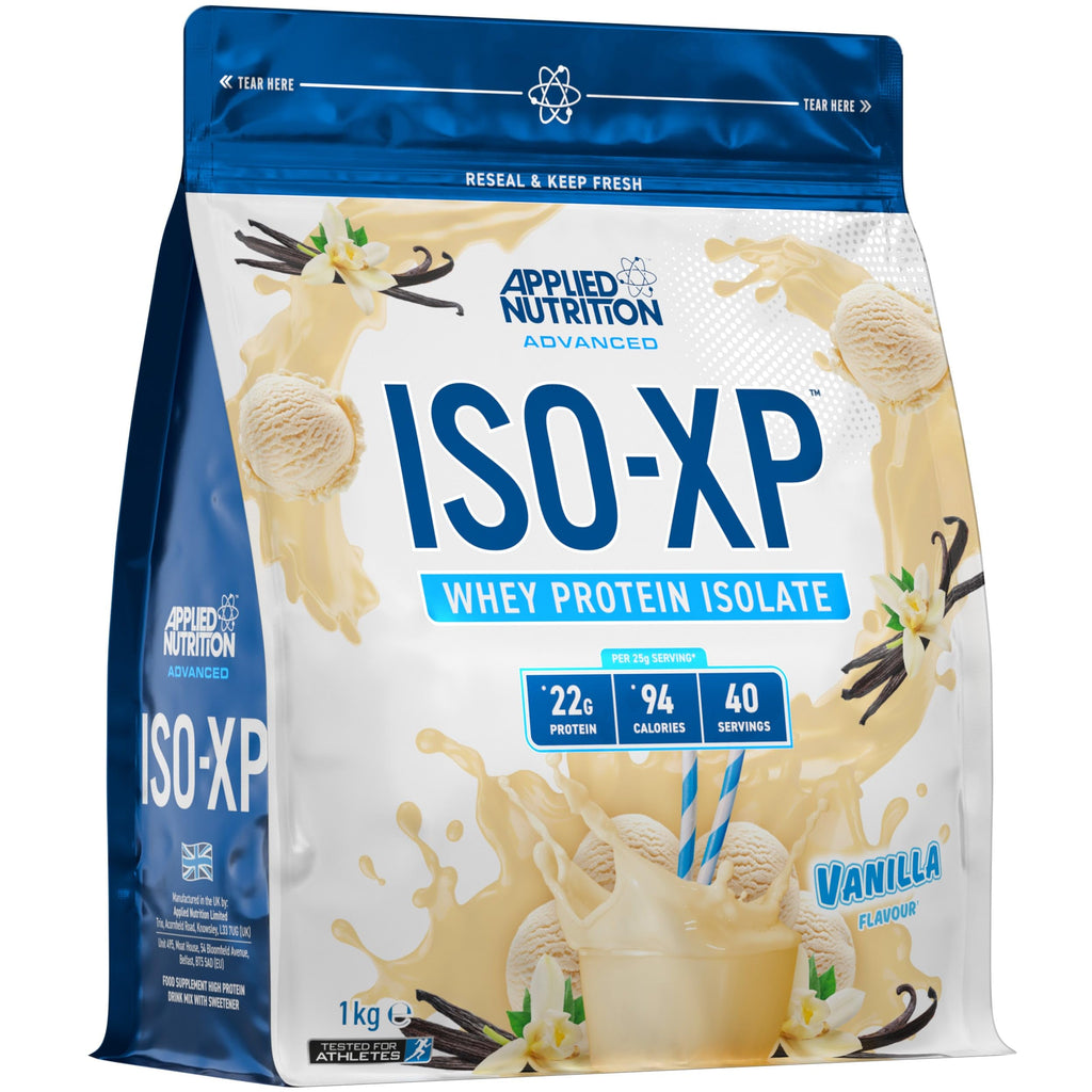 Vanilla-flavored Applied Nutrition Iso-XP whey protein isolate powder in resealable bag