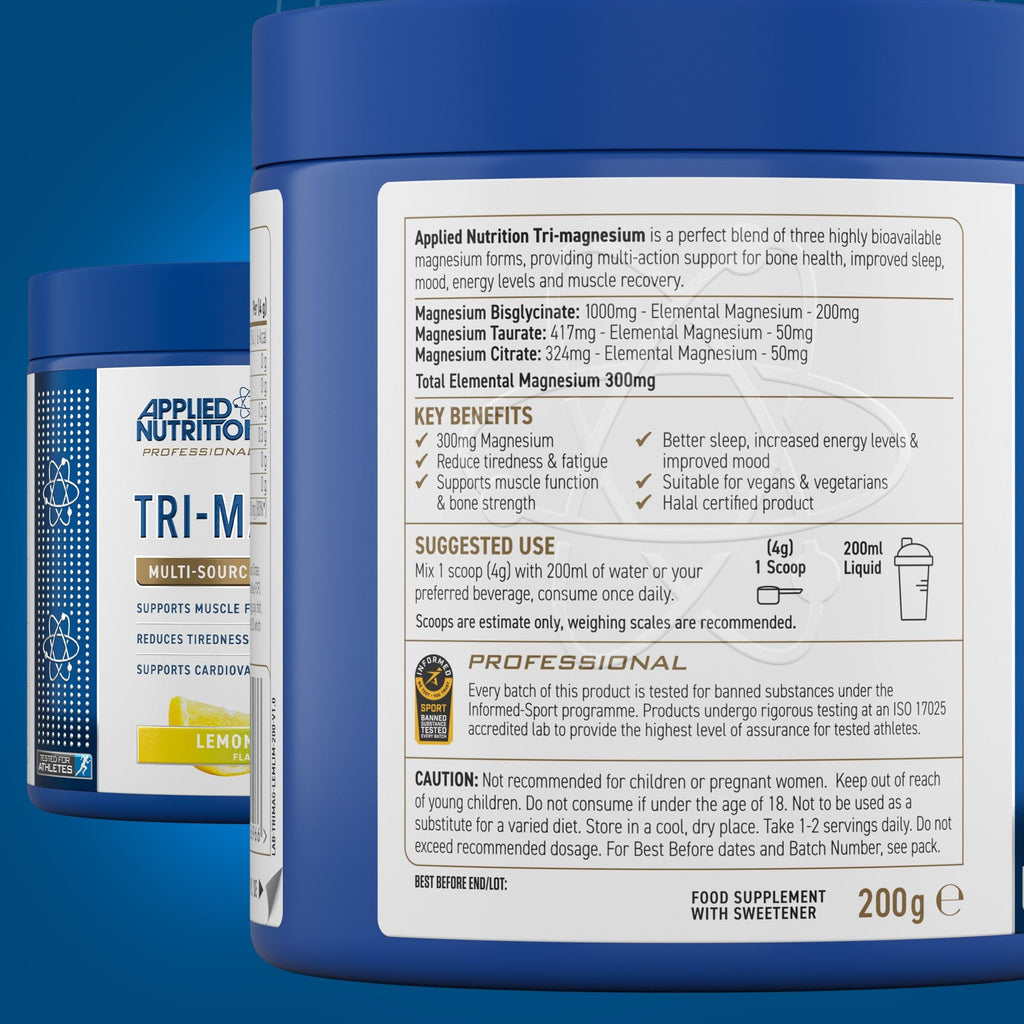 Blue tub of Applied Nutrition Tri-Magnesium Powder with magnesium bisglycinate for restful sleep