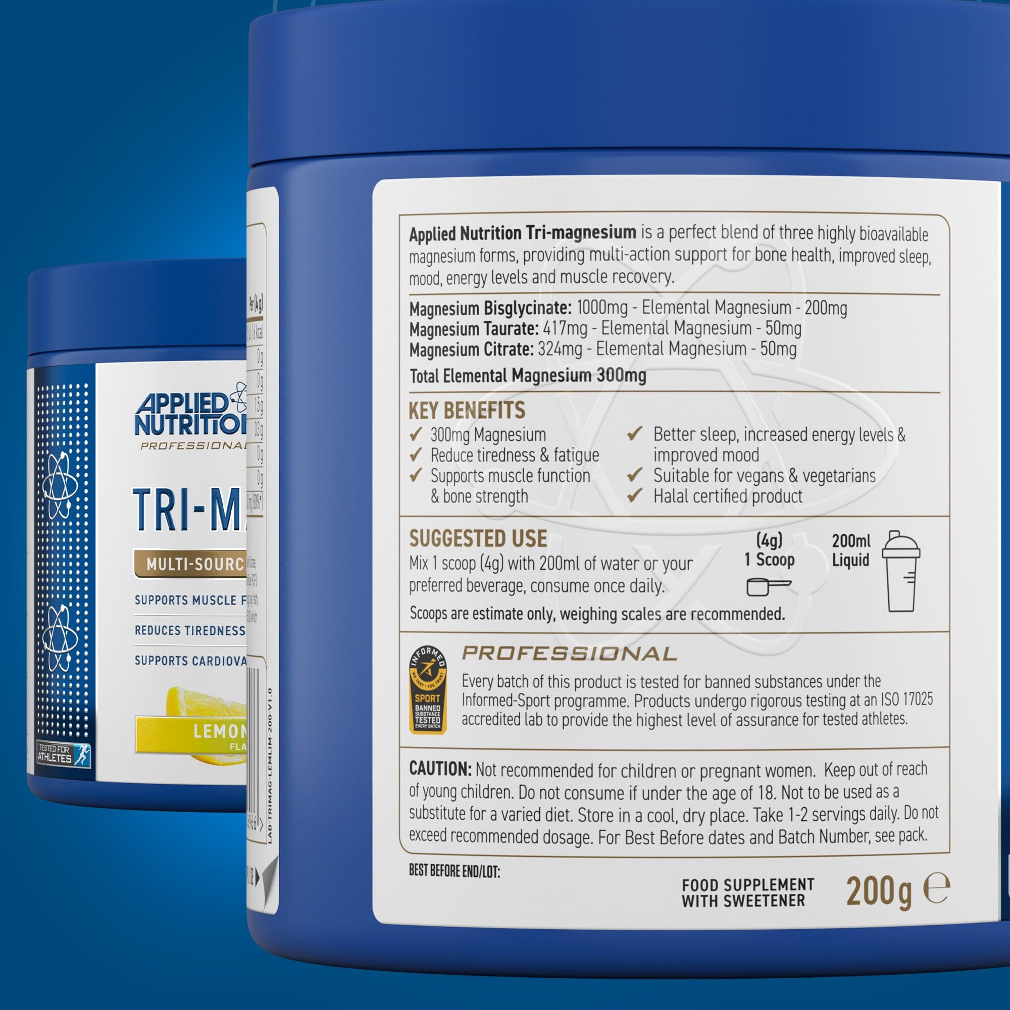Blue tub of Applied Nutrition Tri-Magnesium Powder with magnesium bisglycinate for restful sleep