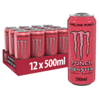 Twelve-pack of Monster Energy Monster Juiced Mango Loco carbonated energy drinks with one can separate