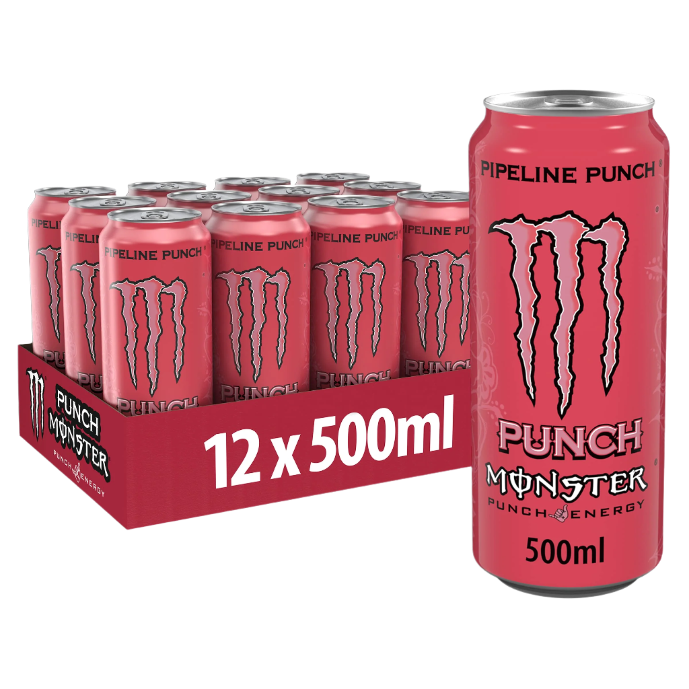 Twelve-pack of Monster Energy Monster Juiced Mango Loco carbonated energy drinks with one can separate