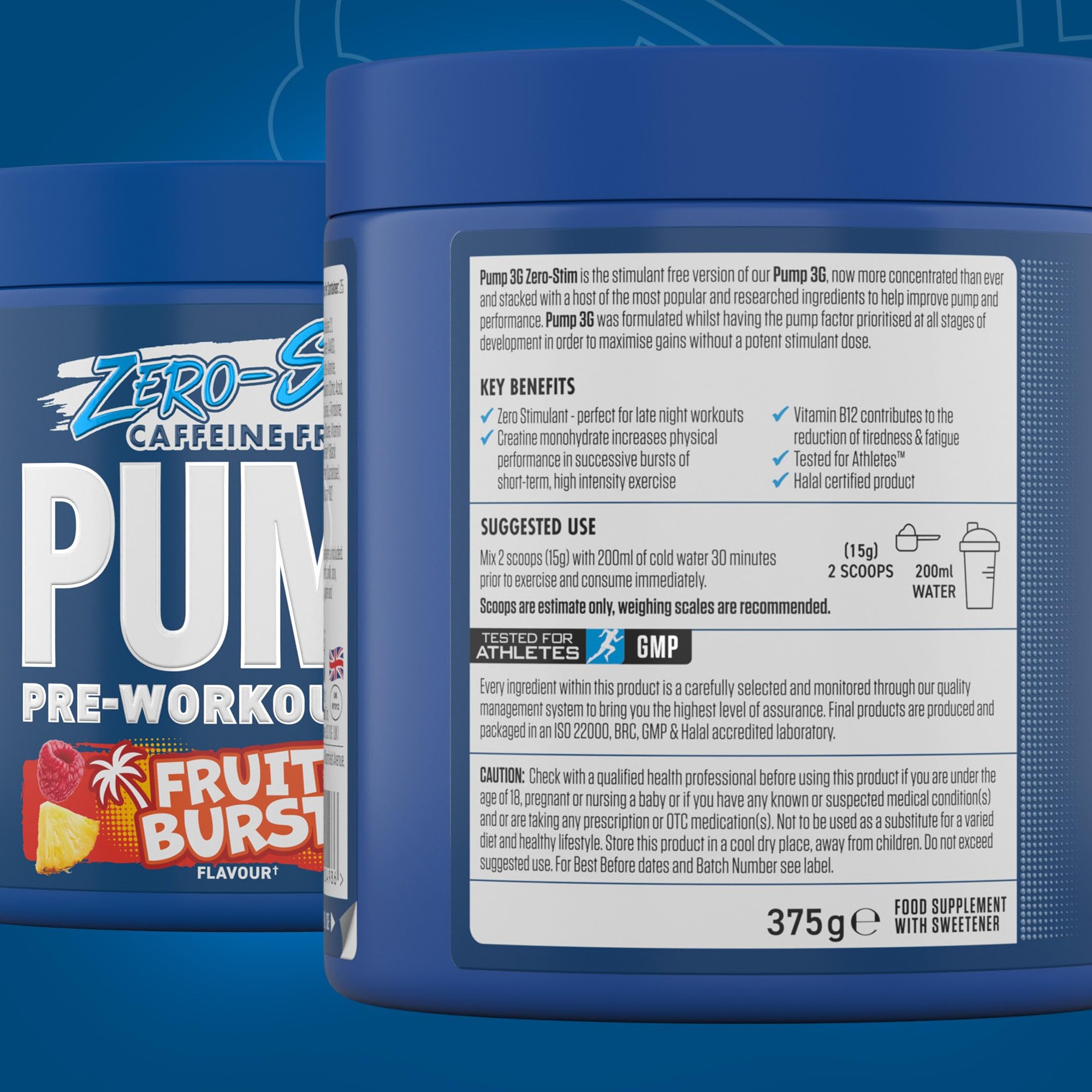 Blue container of Applied Nutrition Pump 3G Zero pre-workout with citrulline malate and vitamin B12