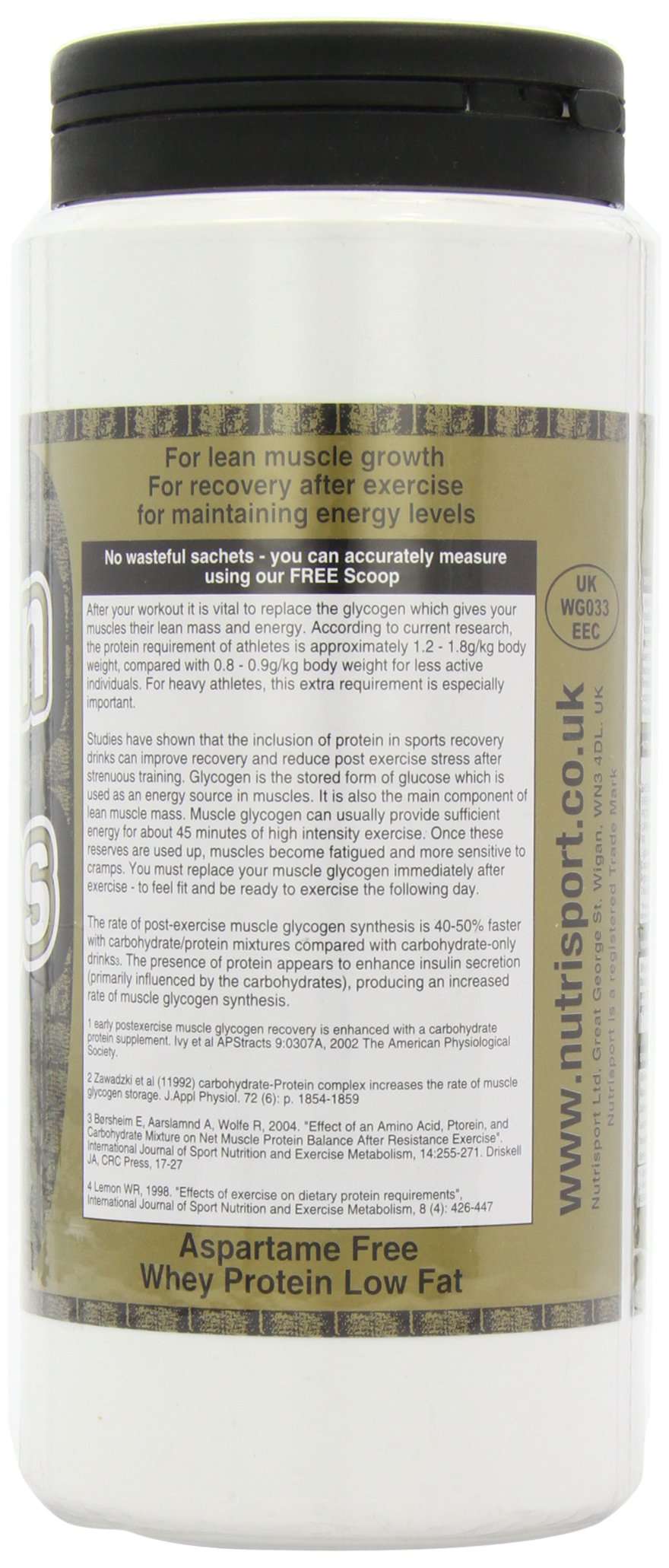 White NutriSport Protein container with whey concentrate and complex carbs for muscle boost