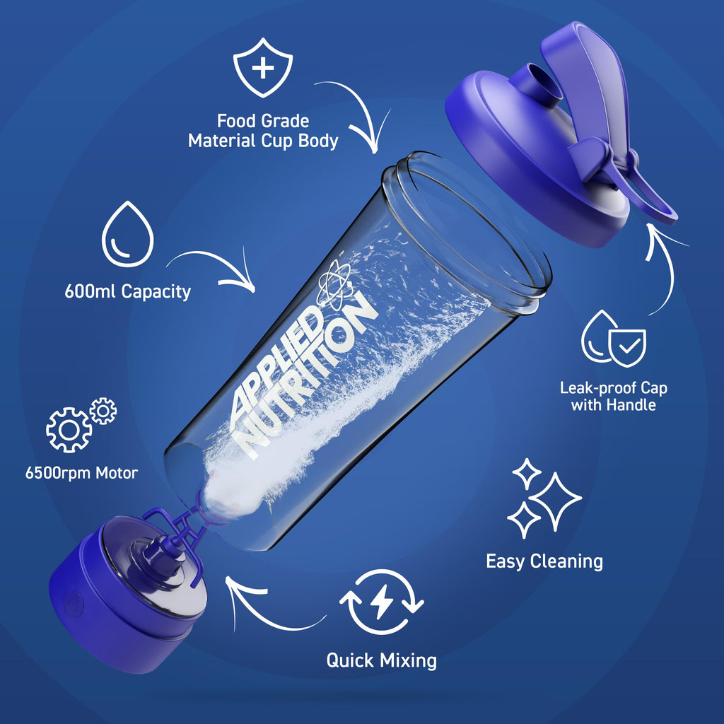 Applied Nutrition Tornado Electric Shaker 700ml with purple lid, leak-proof, quick mix