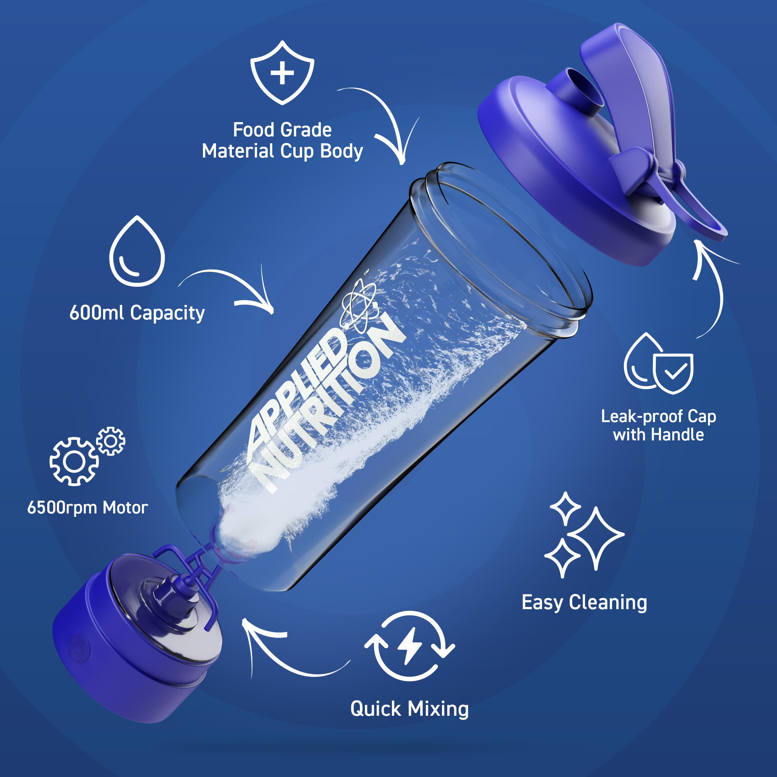 Applied Nutrition Tornado Electric Shaker 700ml with purple lid, leak-proof, quick mix