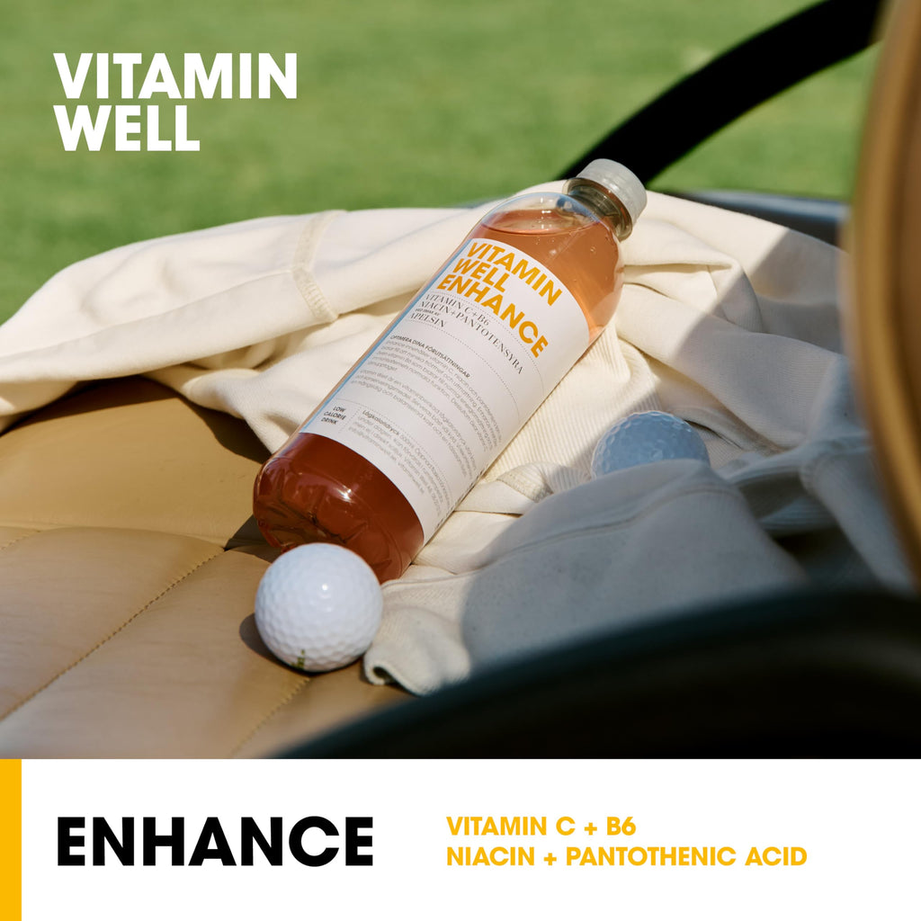 Vitamin Well Enhance Orange bottle with golf ball for fighting fatigue and boosting iron absorption
