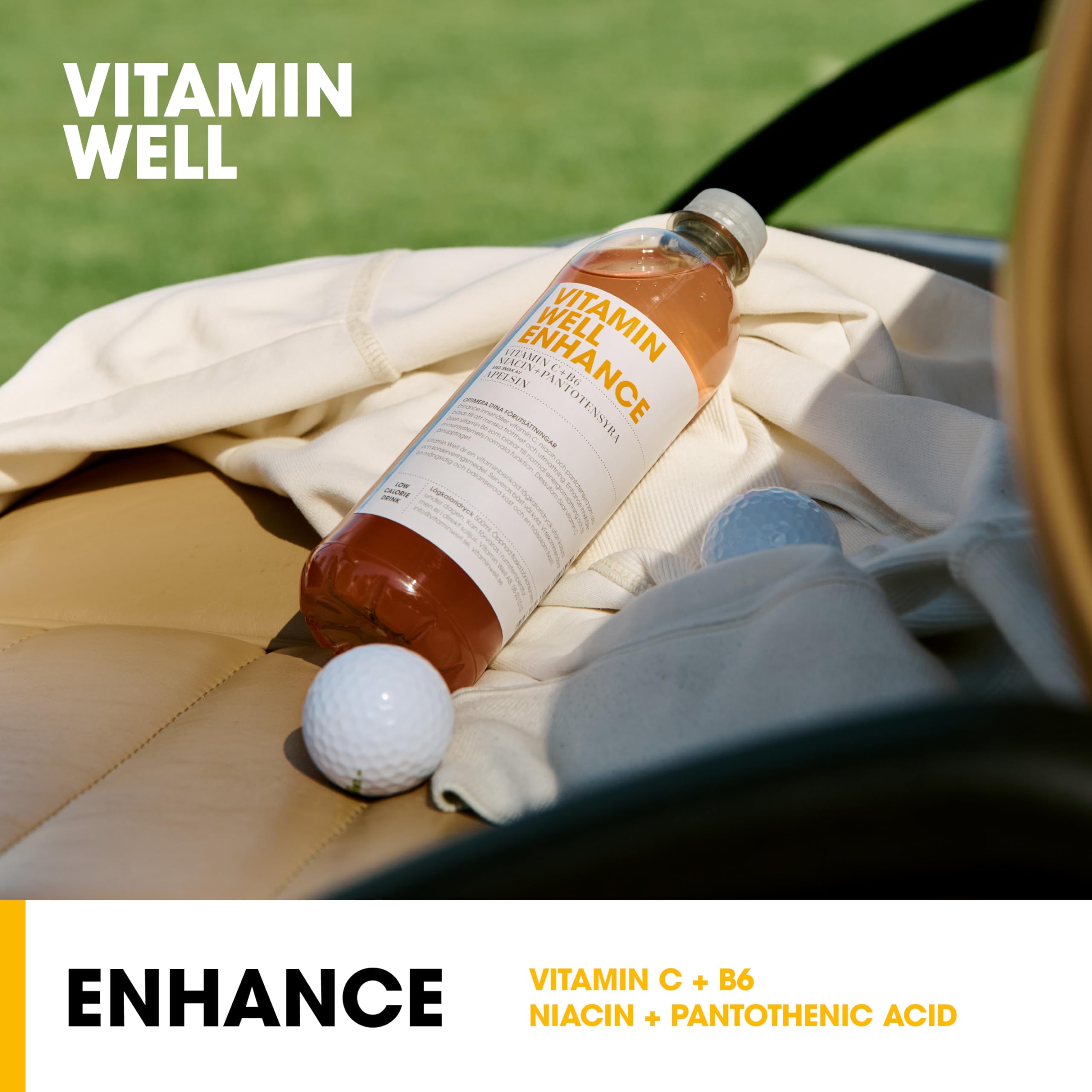 Vitamin Well Enhance Orange bottle with golf ball for fighting fatigue and boosting iron absorption