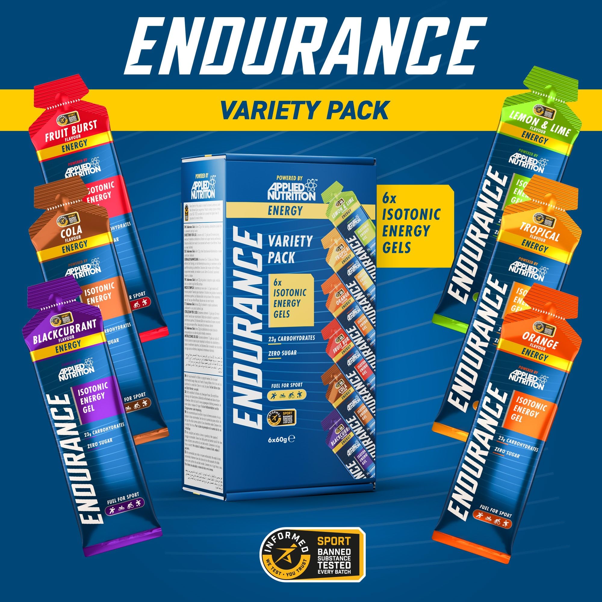 Applied Nutrition Endurance Energy Gel Pack with six halal certified isotonic fruit flavors