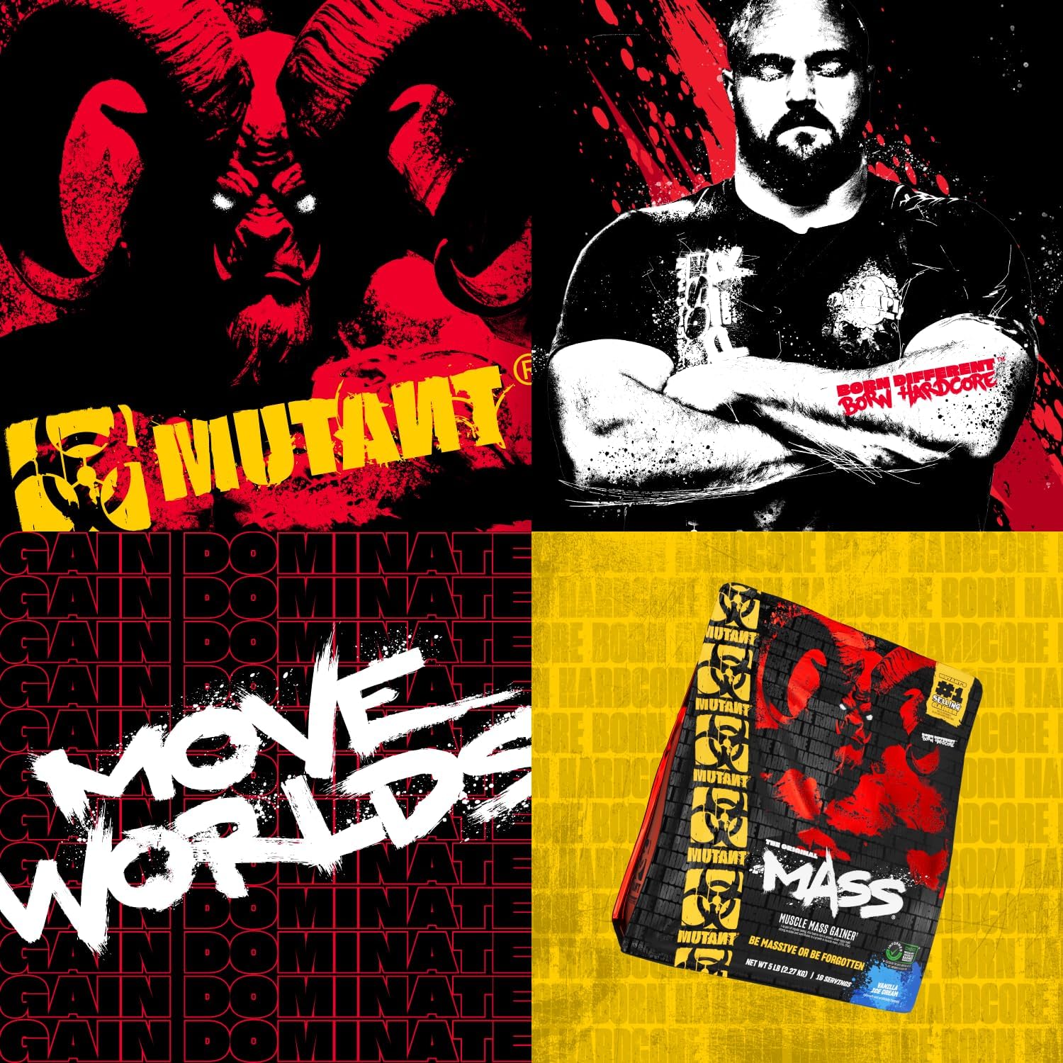 Mutant Mass fitness supplement collage showcasing muscle building and workout gains