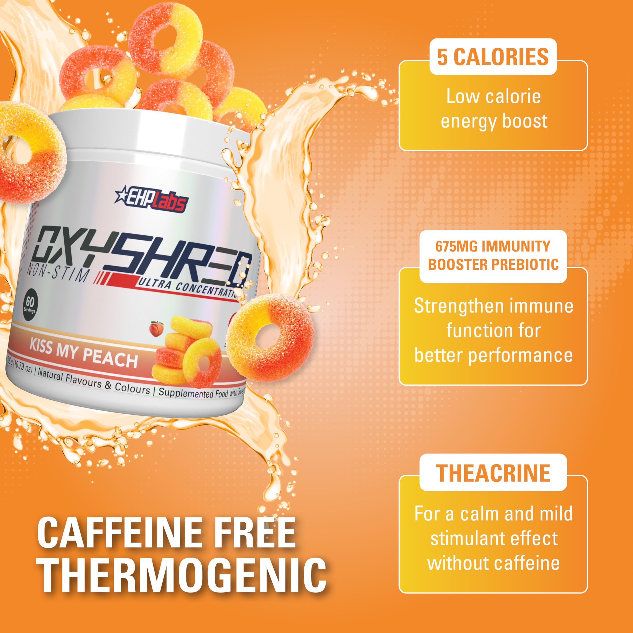 EHP Labs OxyShred Non-Stim peach-flavored fat loss supplement for energy and immune boost