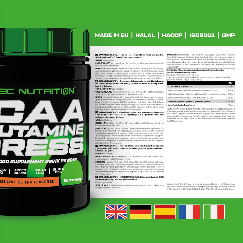 Container of Scitec Nutrition BCAA + Glutamine Xpress amino acids supplement powder