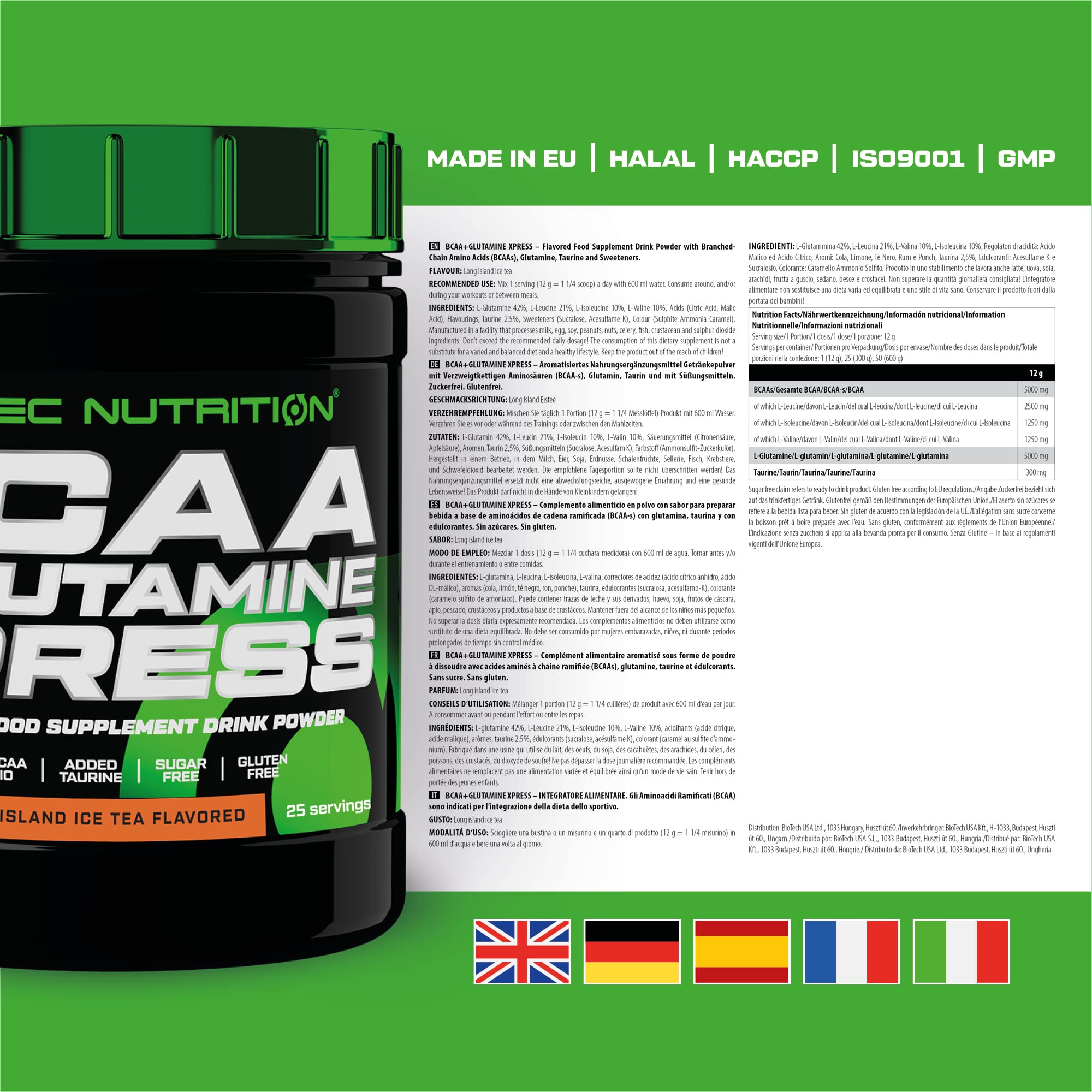 Container of Scitec Nutrition BCAA + Glutamine Xpress amino acids supplement powder
