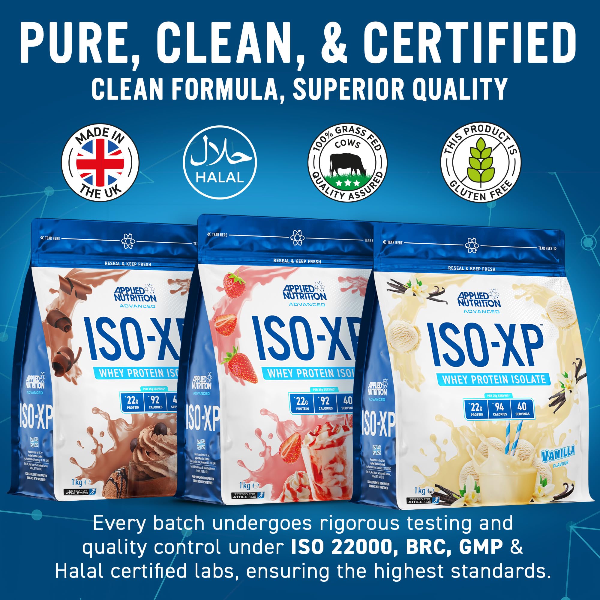 Three Applied Nutrition Iso-XP flavored whey protein isolate bags for easy mixing