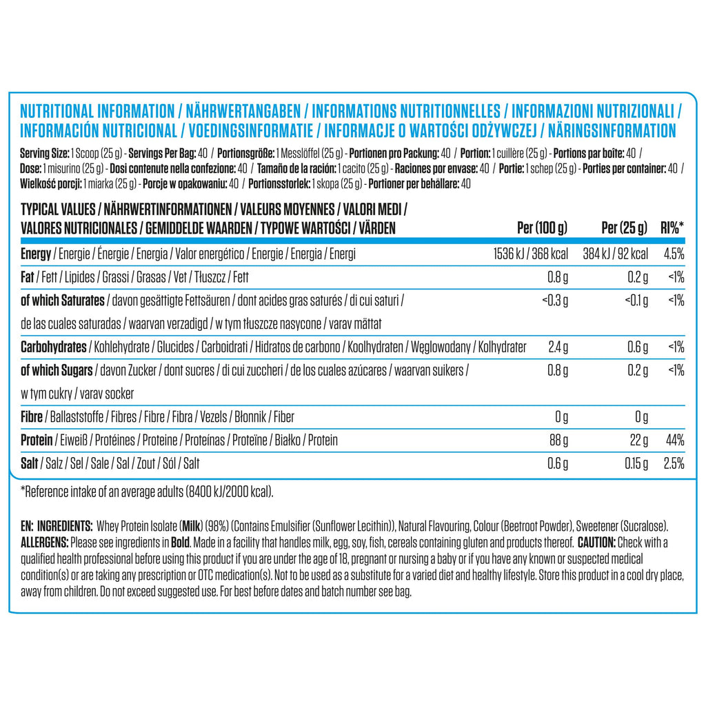 Applied Nutrition Iso-XP nutritional label with whey protein isolate and easy mixing info