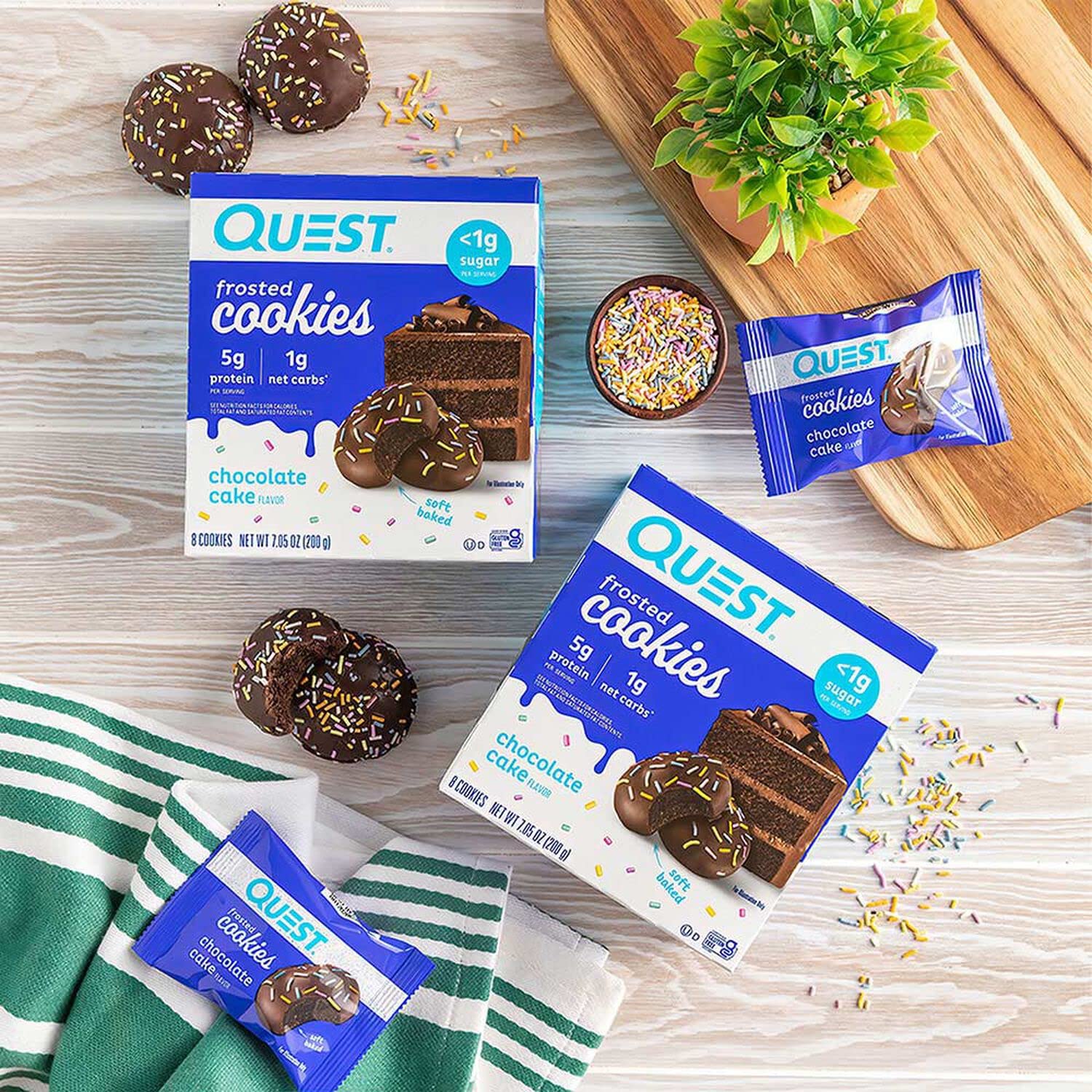 Quest Frosted Cookies twin packs with chocolate cake flavor and colorful sprinkles