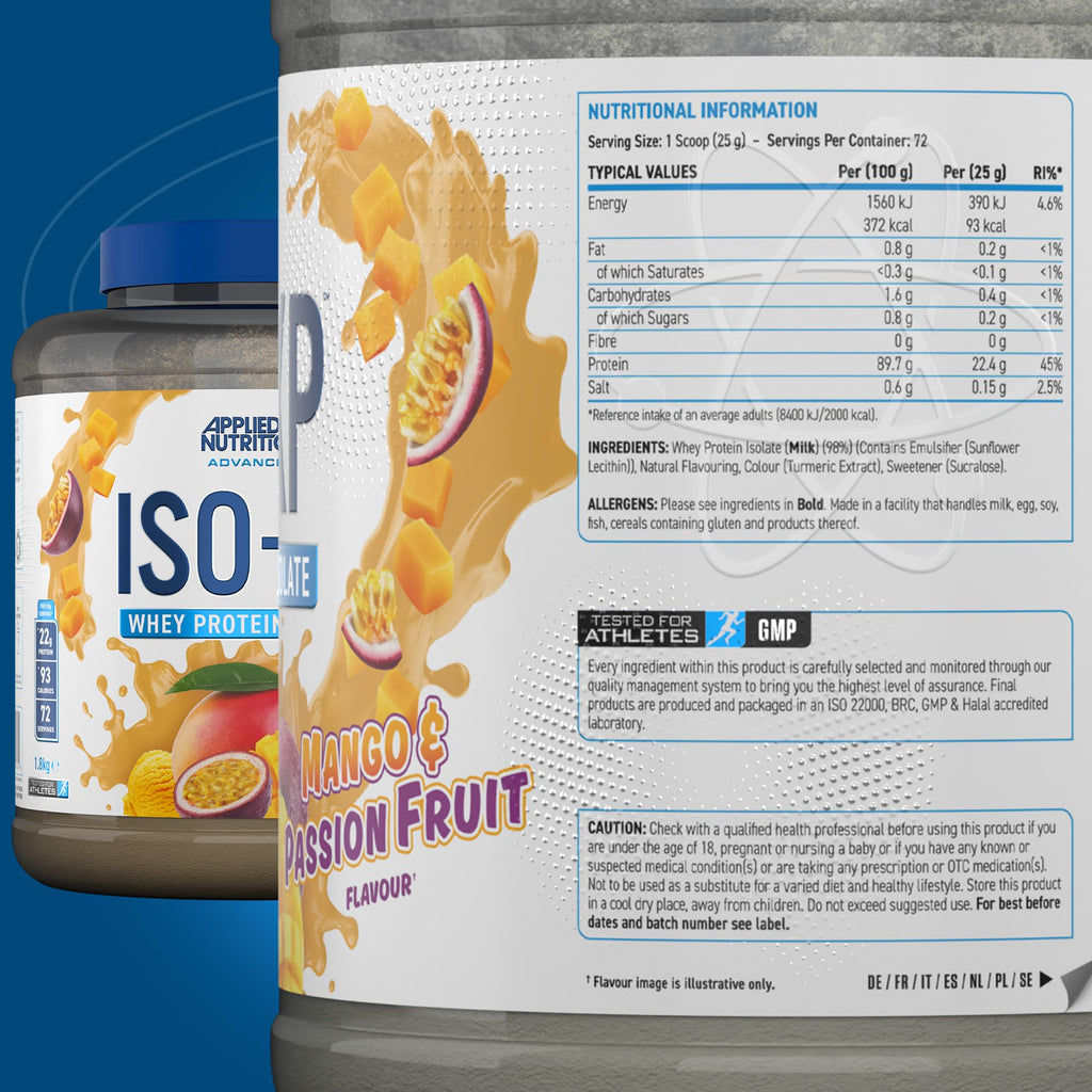 Applied Nutrition Iso-XP whey protein isolate with mango passion fruit flavor for easy mixing