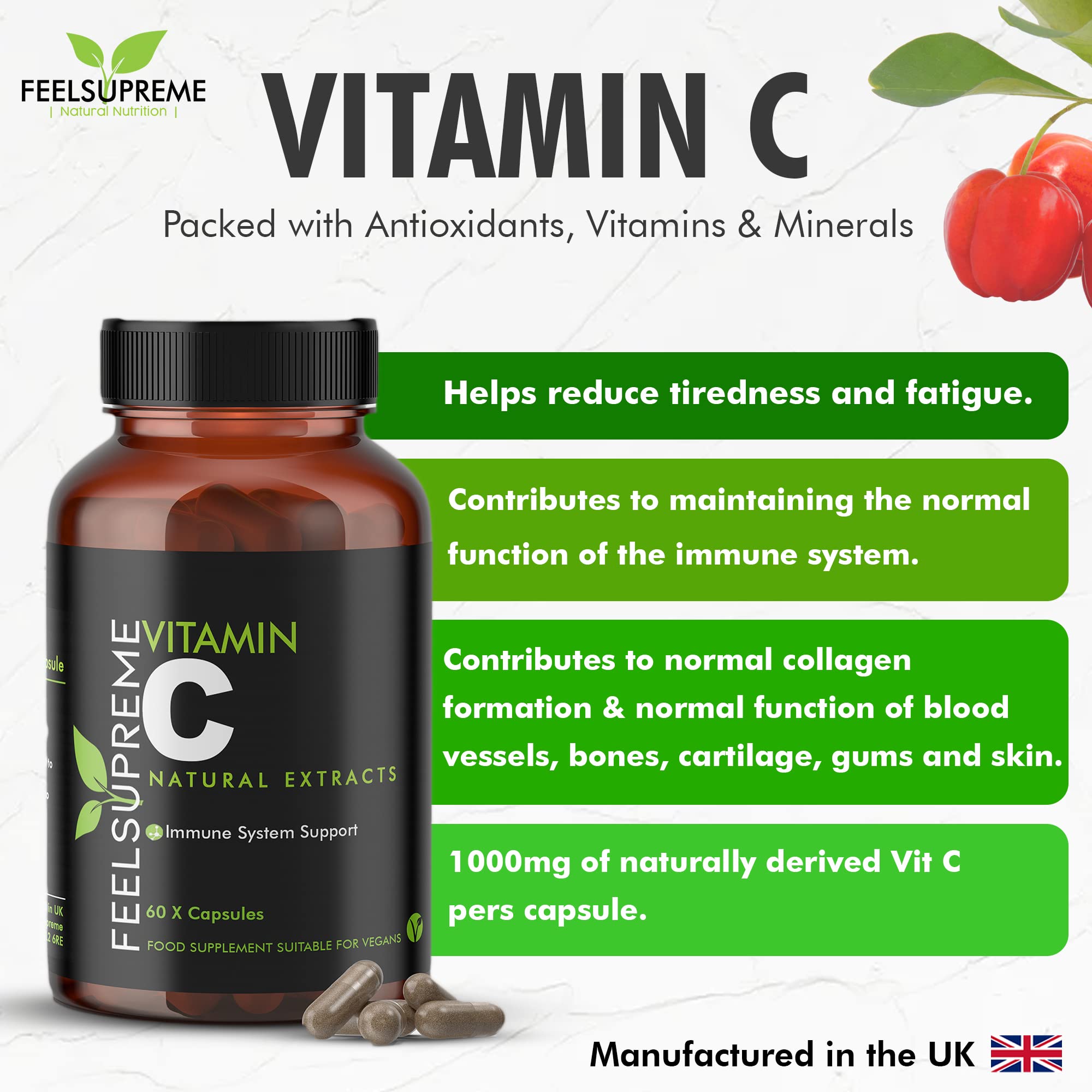 Feel Supreme Vitamin C supplement with acerola cherries for immune support and collagen