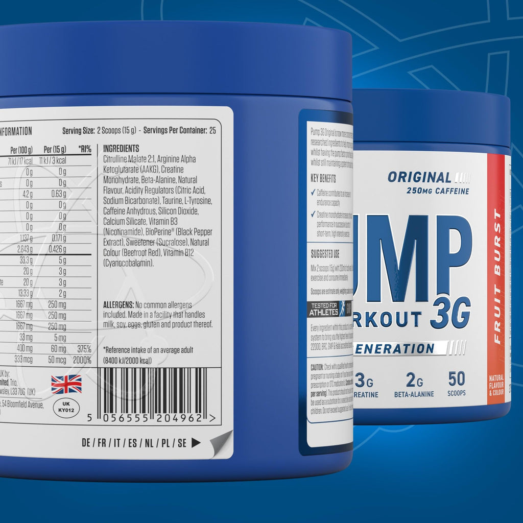 Blue Applied Nutrition Pump 3G supplement container with ingredients and benefits