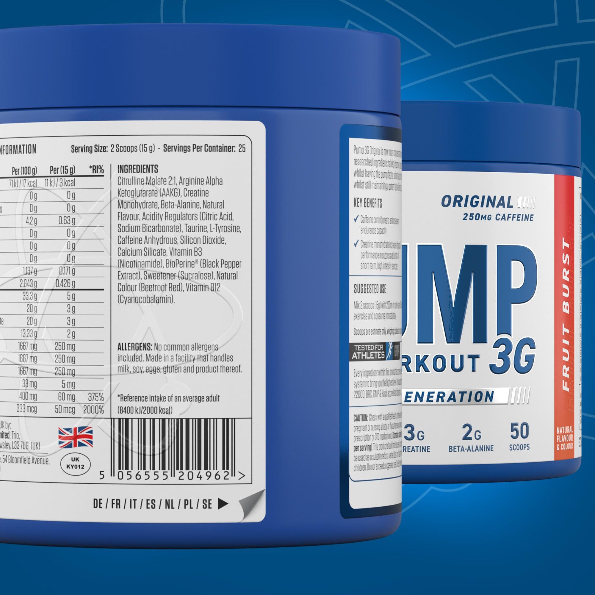 Blue Applied Nutrition Pump 3G supplement container with ingredients and benefits