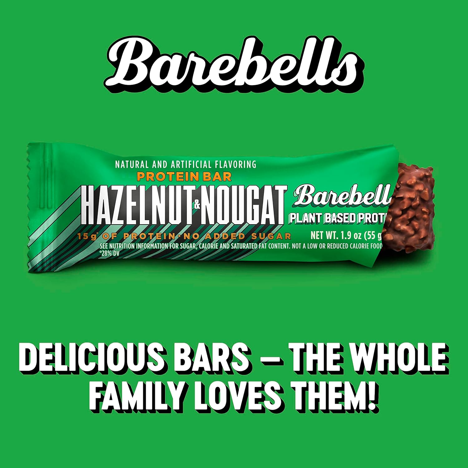 Hazelnut and nougat Barebells Vegan Protein Bar showing plant-based vegan protein bar