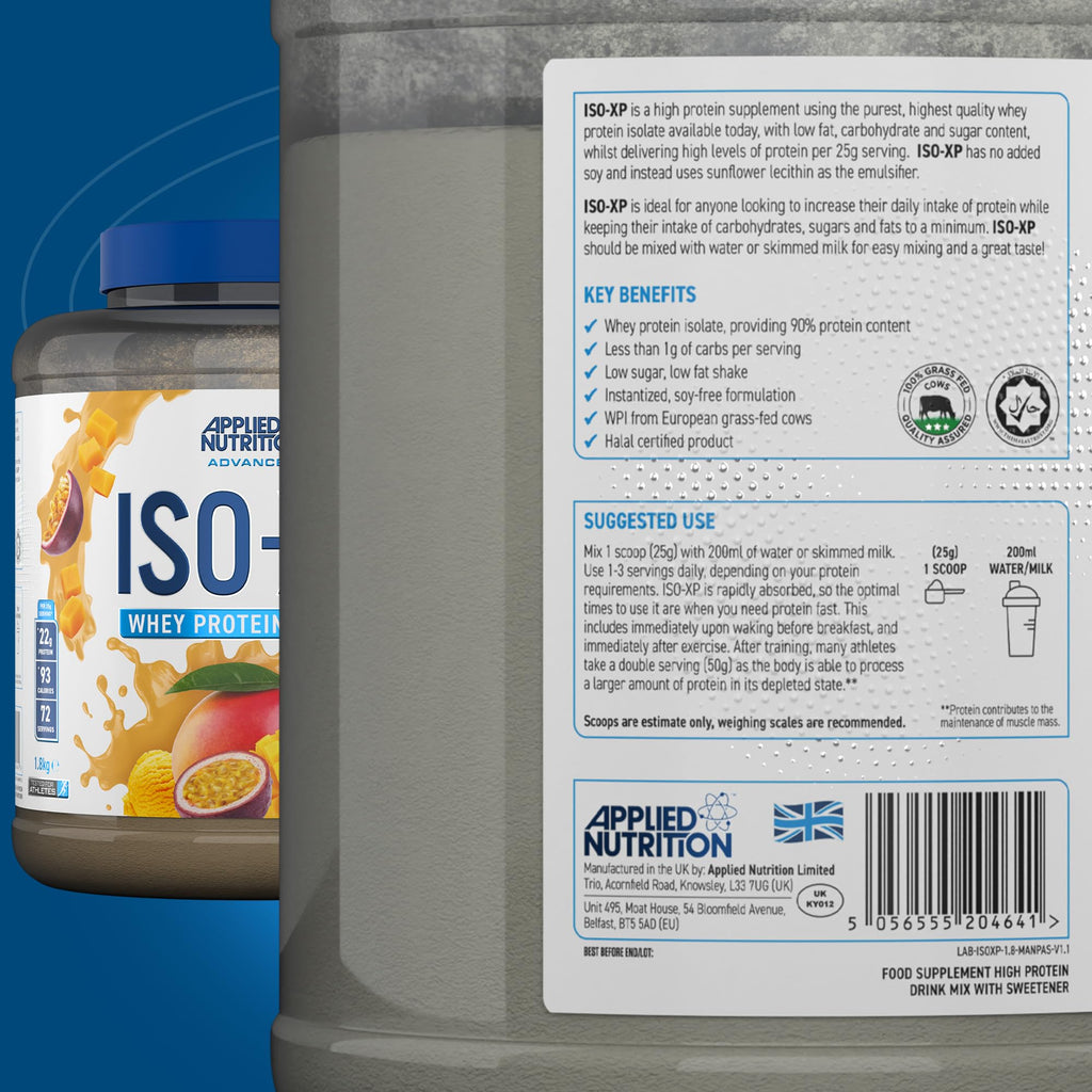 Applied Nutrition Iso-XP whey protein isolate with passion fruit and mango flavoring