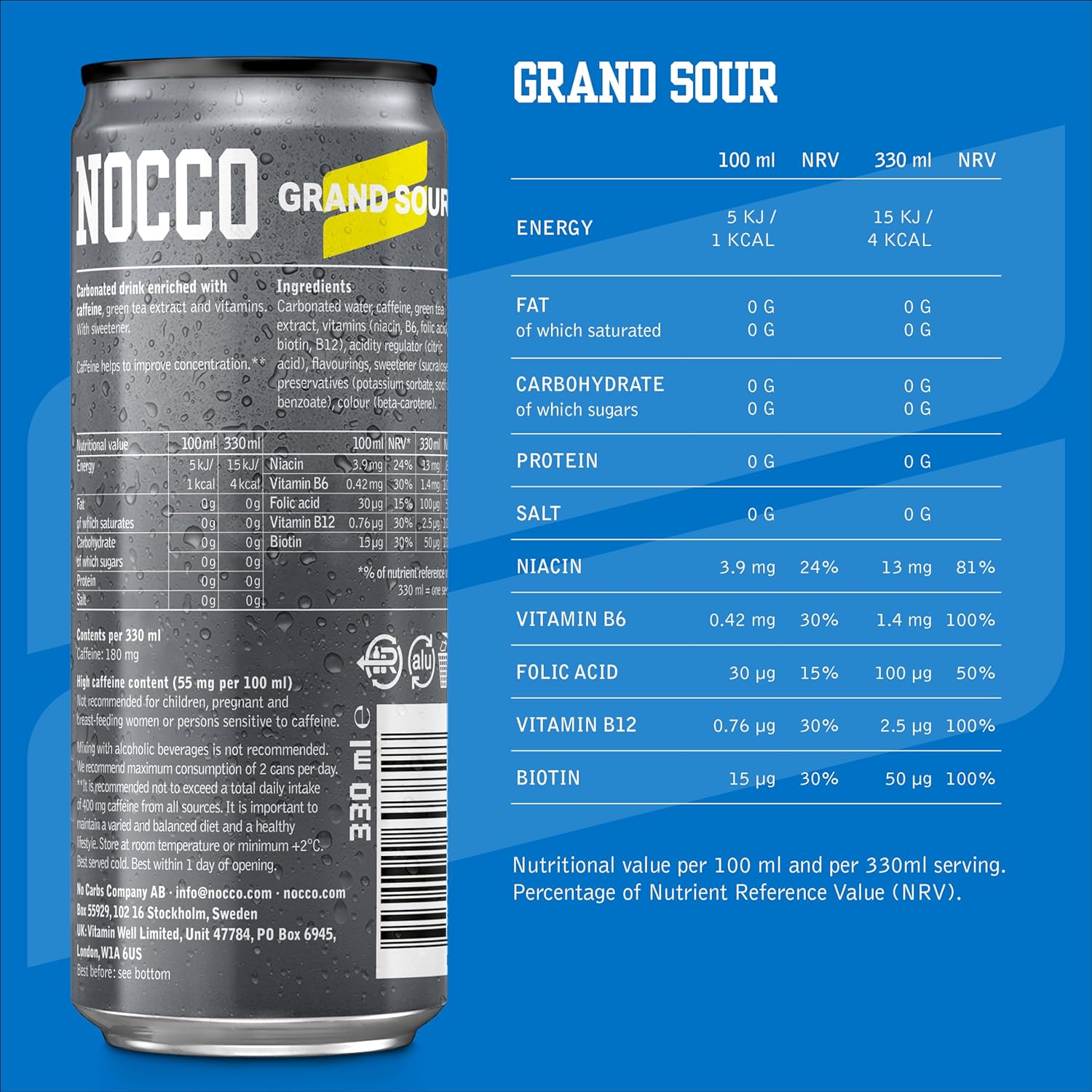 Nocco Focus sugar free energy drink can with nutritional info display