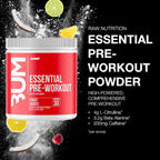 Red Raw Nutrition Essential PRE container with white lid for Beta Alanine fight fatigue