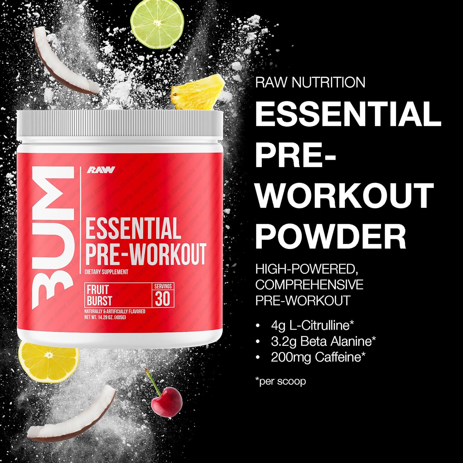 Red Raw Nutrition Essential PRE container with white lid for Beta Alanine fight fatigue