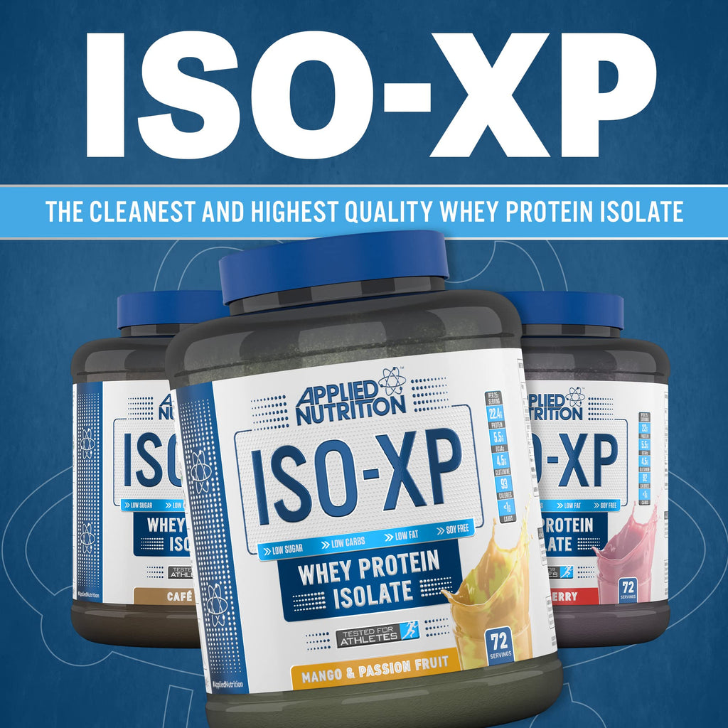 Applied Nutrition Iso-XP whey protein isolate in flavors like mango passion fruit for easy mixing