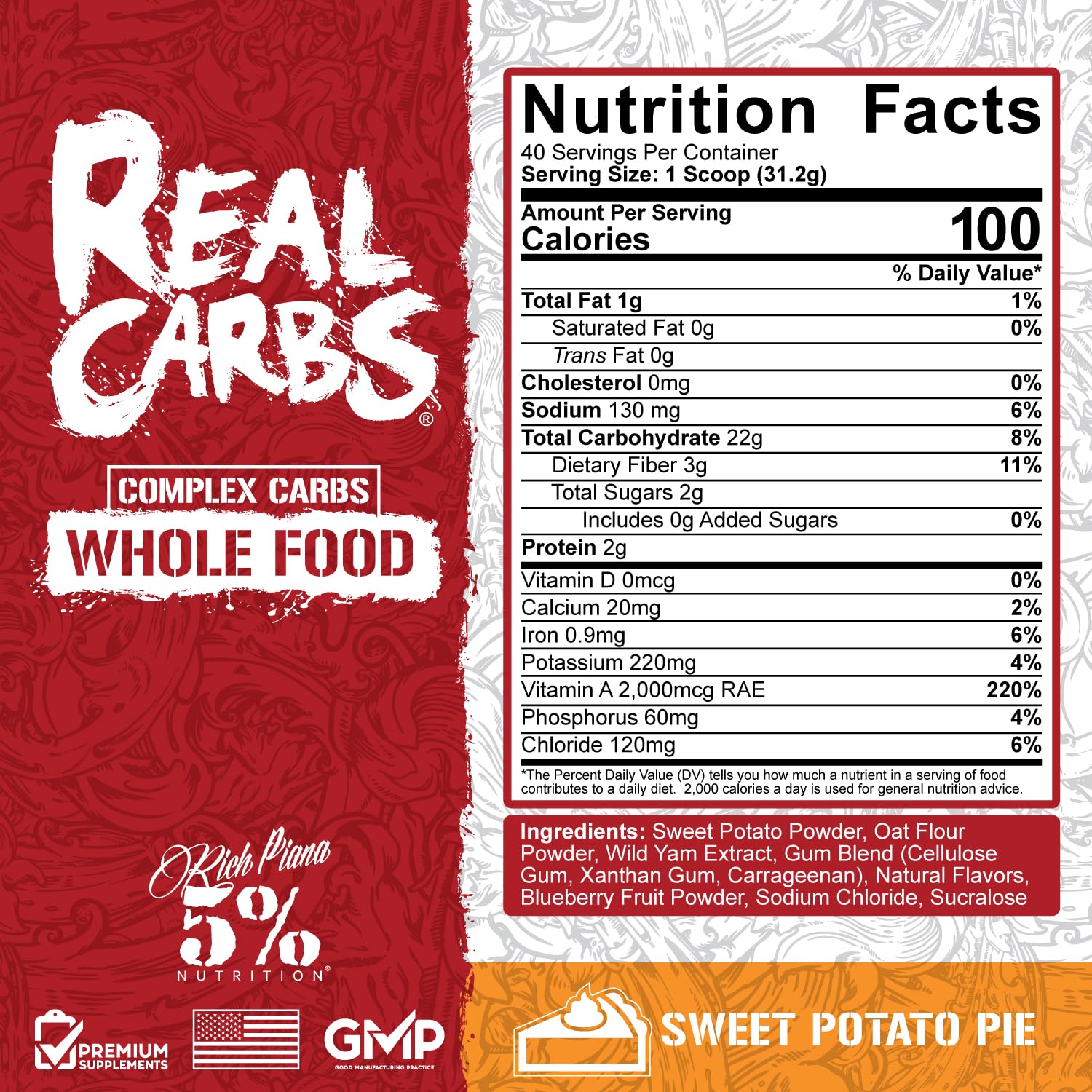 Rich Piana Real Carbs 1248g pouch with nutrition facts for Sweet Potato Pie flavor