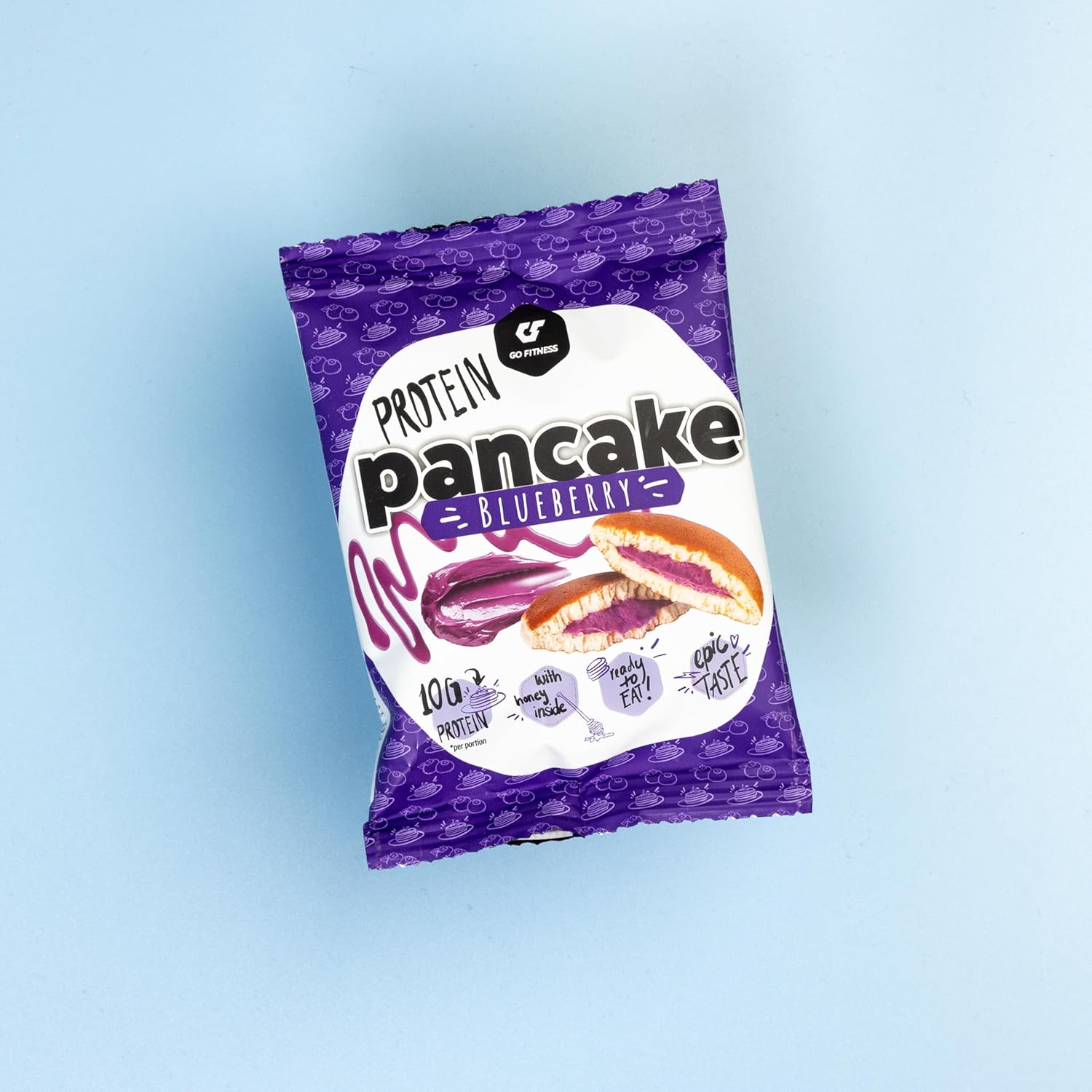 Delicious whipped protein pancake with blueberry filling made with whey protein from Go Fitness