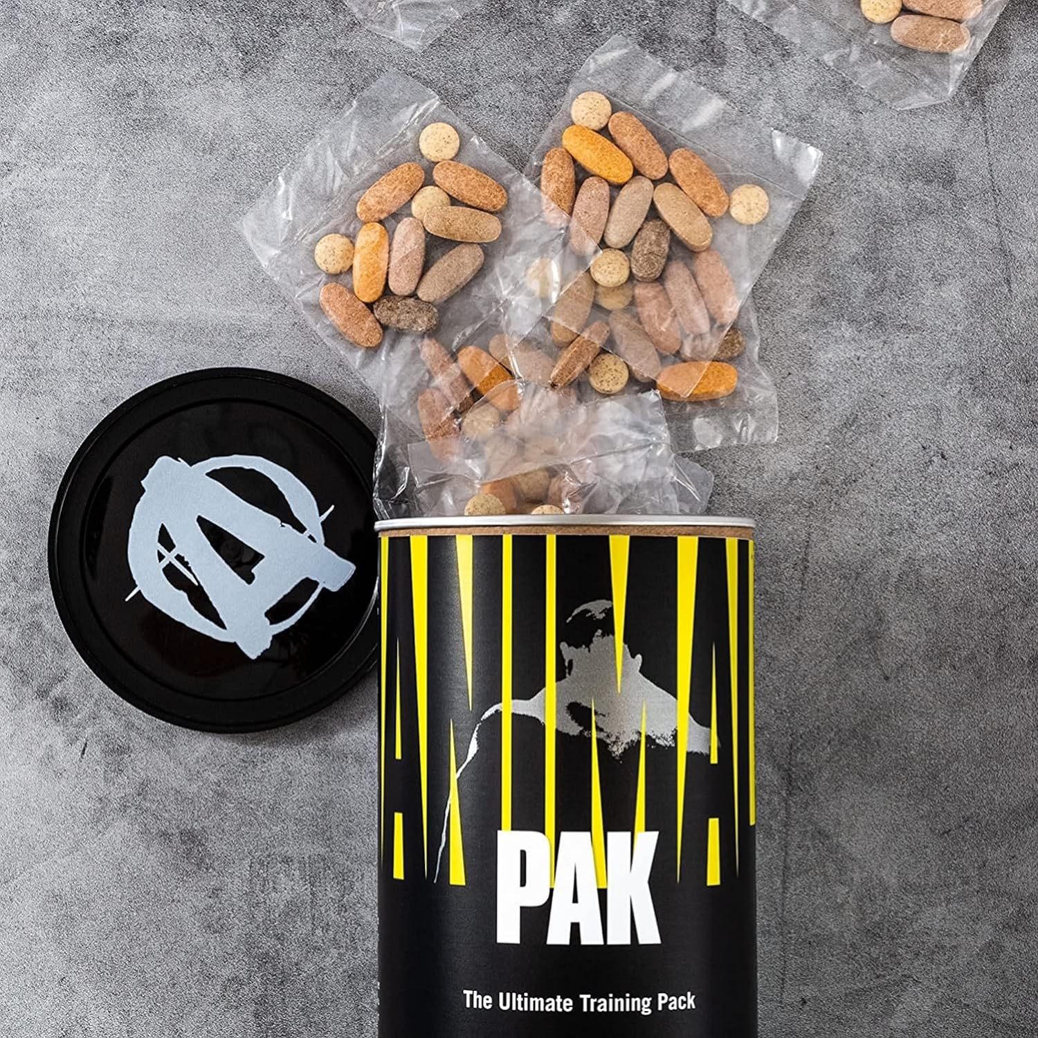Animal Pak supplement container with individually packaged pills for great-tasting power