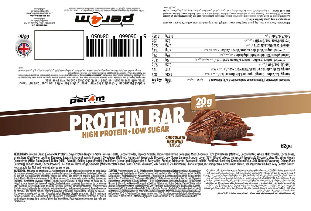 Per4m Protein Bar with chocolate brownie flavor, 20g protein, low sugar