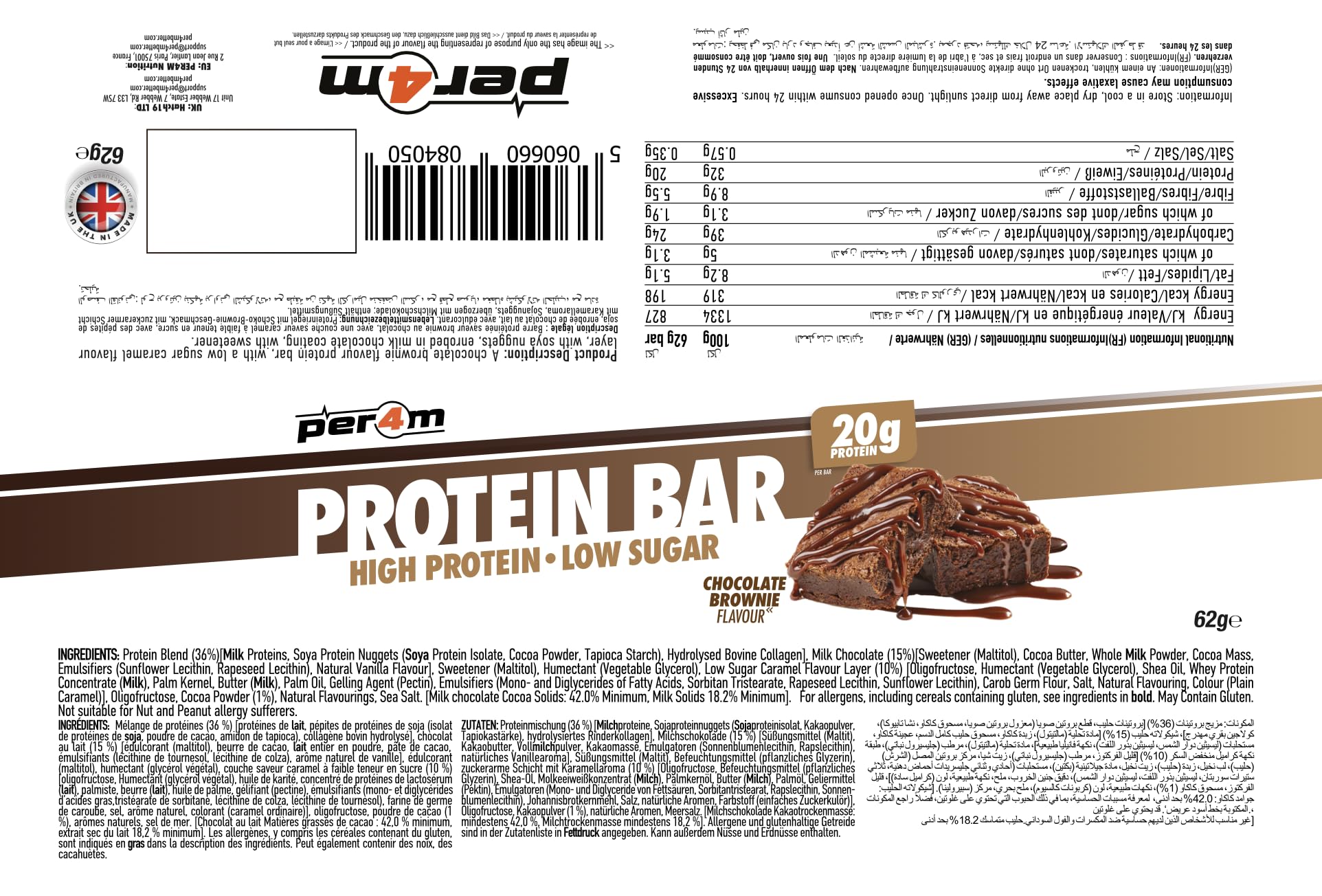 Per4m Protein Bar with chocolate brownie flavor, 20g protein, low sugar