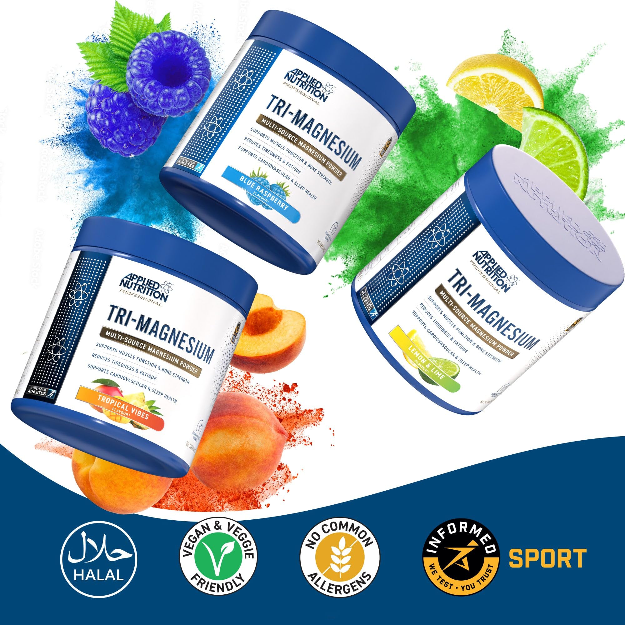 Applied Nutrition Tri-Magnesium Powder with magnesium bisglycinate in blue raspberry, lime, tropical flavors for restful sleep