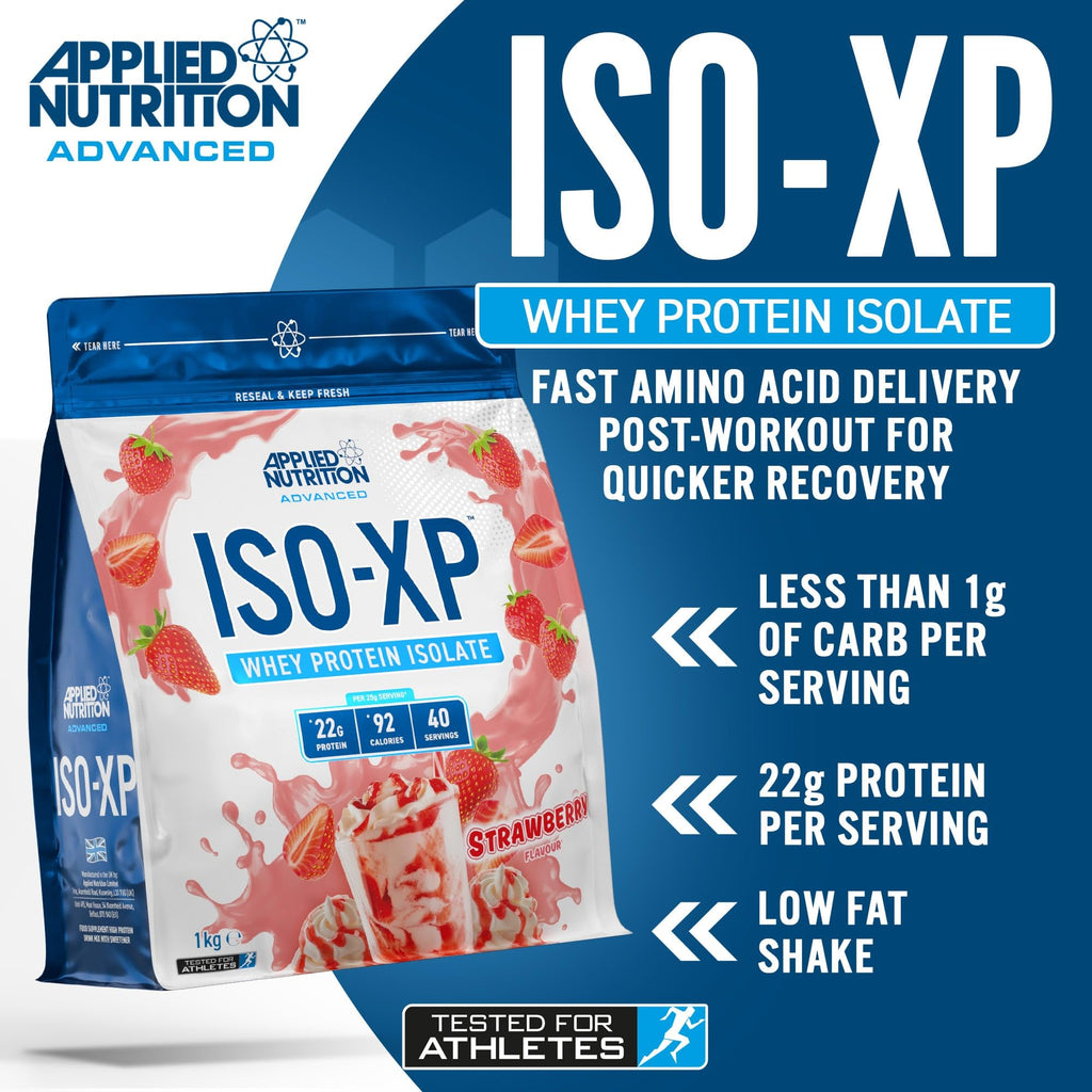 Applied Nutrition Iso-XP strawberry whey protein isolate for easy mixing and quick recovery