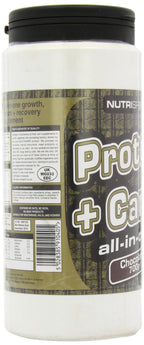 White plastic tub of NutriSport Protein & Complex Carbs with chocolate flavor and whey concentrate