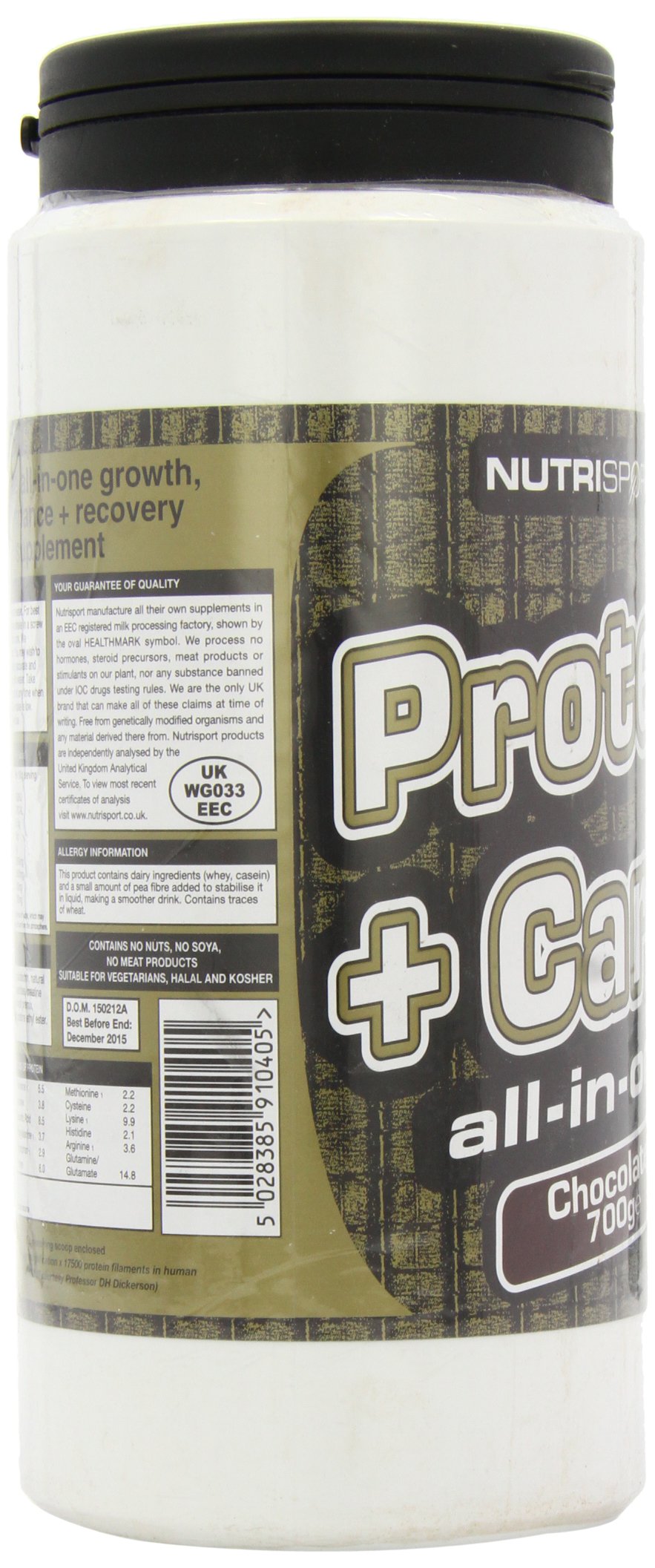 White plastic tub of NutriSport Protein & Complex Carbs with chocolate flavor and whey concentrate
