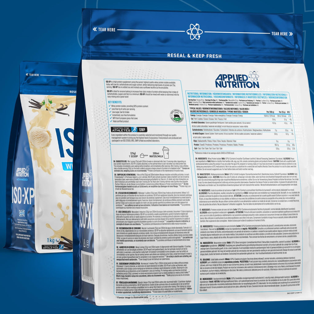 Applied Nutrition Iso-XP vanilla whey protein isolate bag for easy mixing