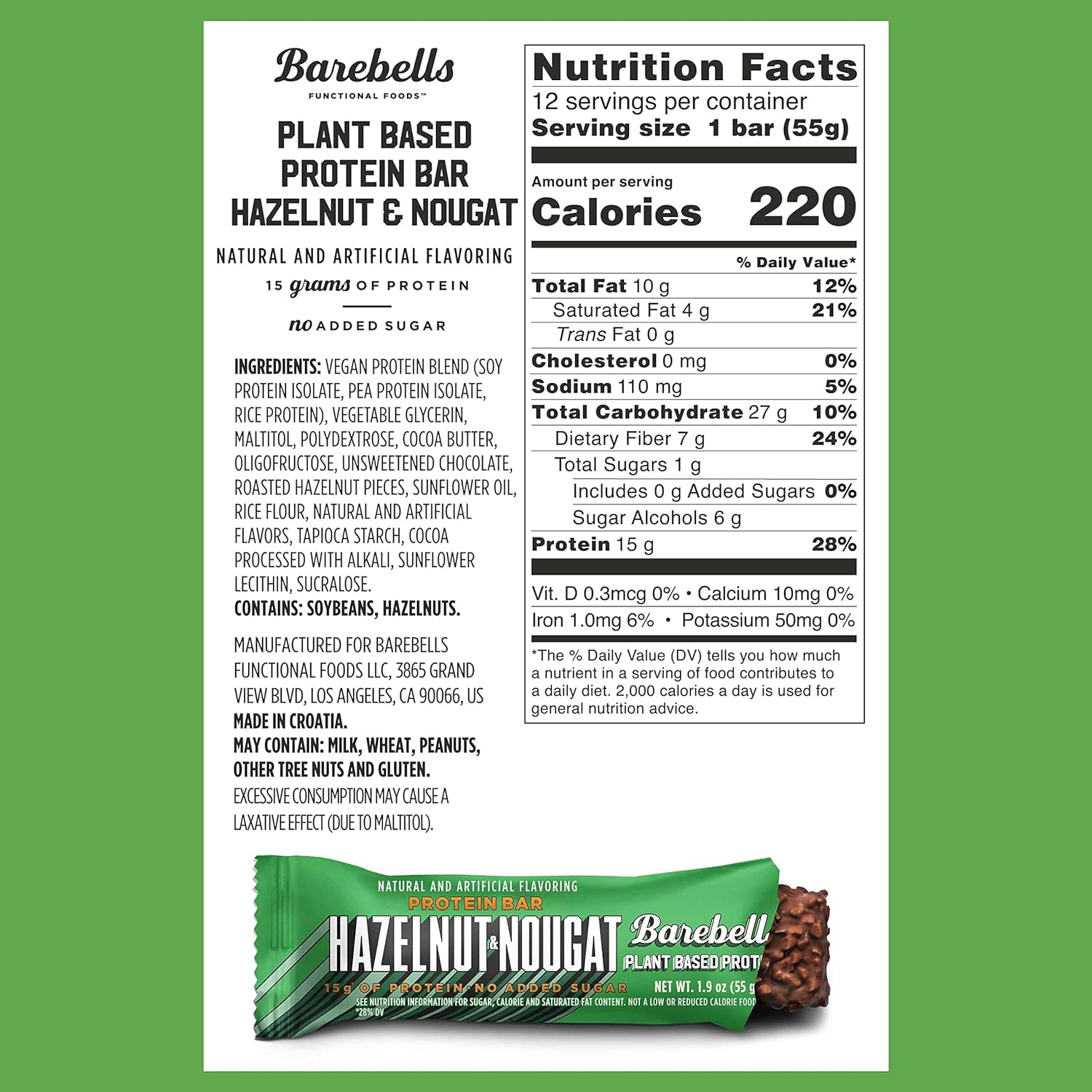 Barebells Vegan Protein Bar Hazelnut Nougat flavor with 15g protein and 220 calories