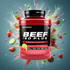 Outangled Beef Iso Plus protein powder with strawberry lime flavor and high beef protein isolate content