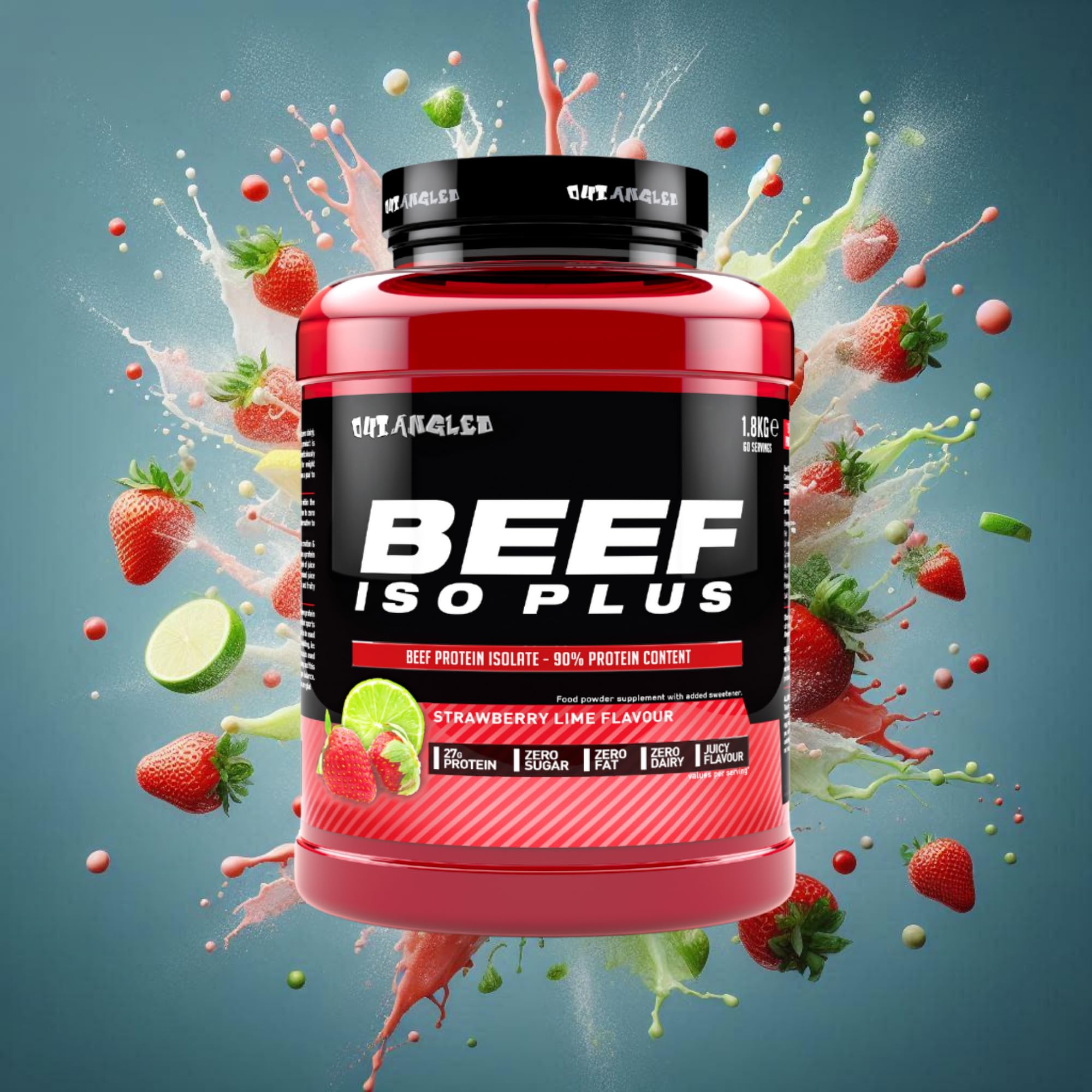 Outangled Beef Iso Plus protein powder with strawberry lime flavor and high beef protein isolate content