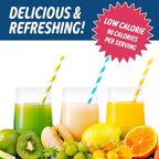 Three glasses of fruit juice with fresh fruit for Applied Nutrition Clear Whey muscle recovery