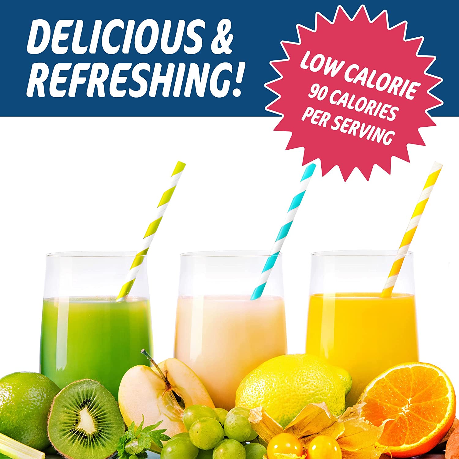 Three glasses of fruit juice with fresh fruit for Applied Nutrition Clear Whey muscle recovery