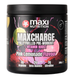 Black tub of Maxi Nutrition Max Charge Vitamin Boosted Pre-Workout with Pink Lemonade flavor