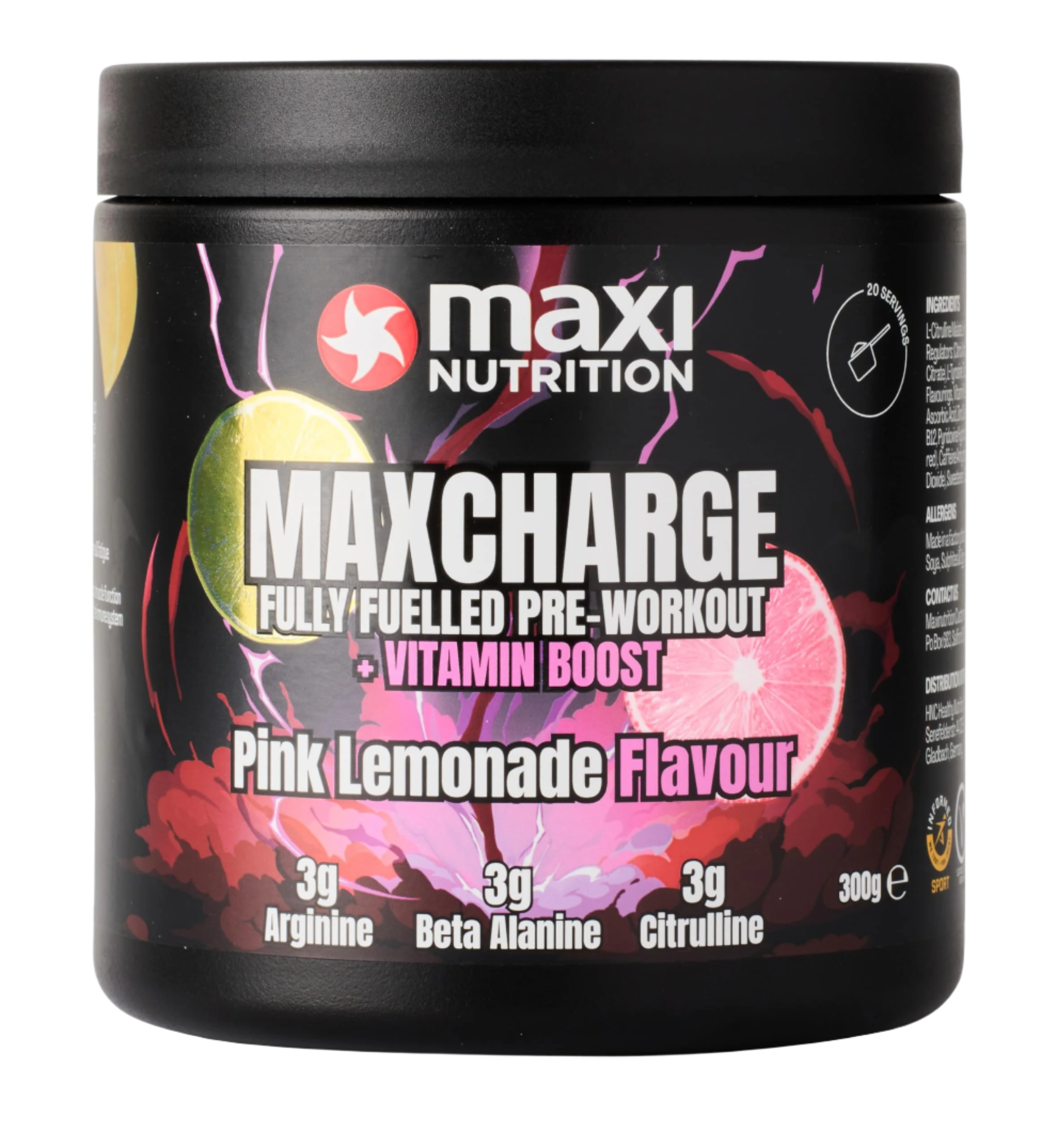 Black tub of Maxi Nutrition Max Charge Vitamin Boosted Pre-Workout with Pink Lemonade flavor